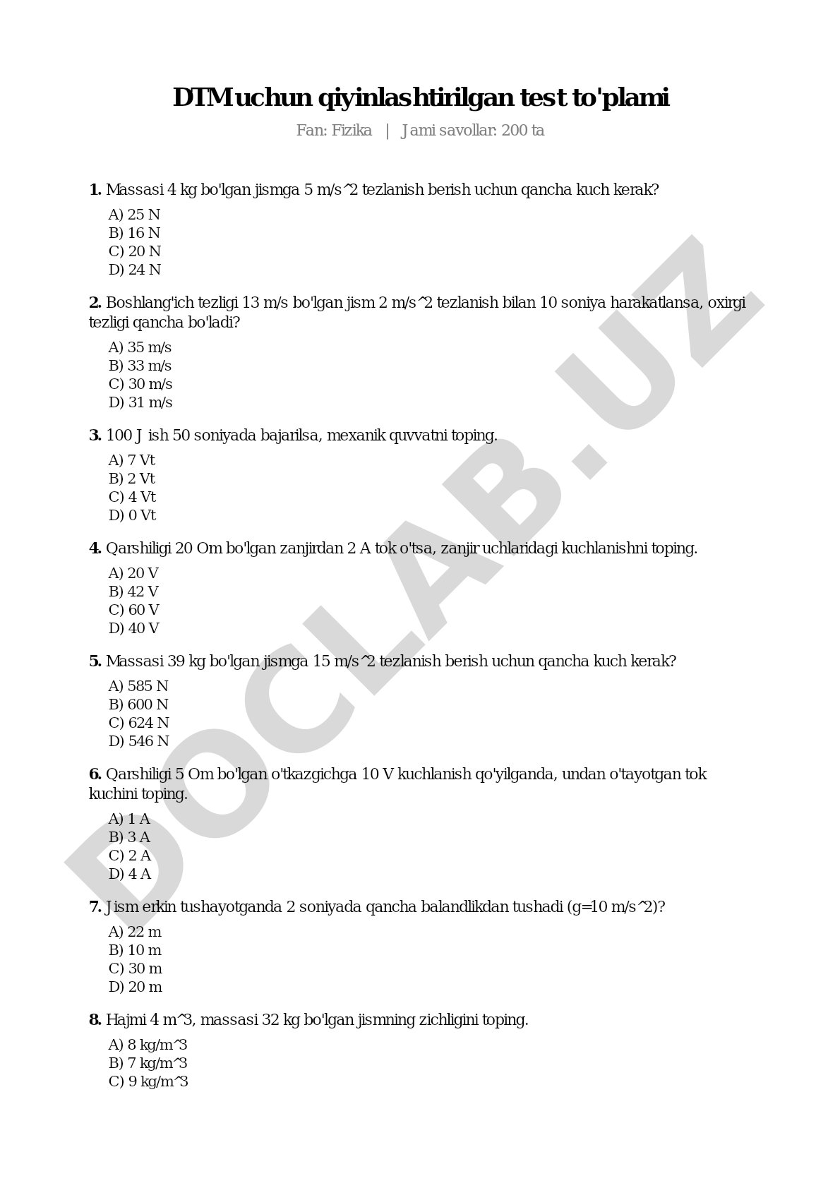 DTM uchun qiyinlashtirilgan test to'plami Fan: Fizika | Jami savollar: 200 ta 1