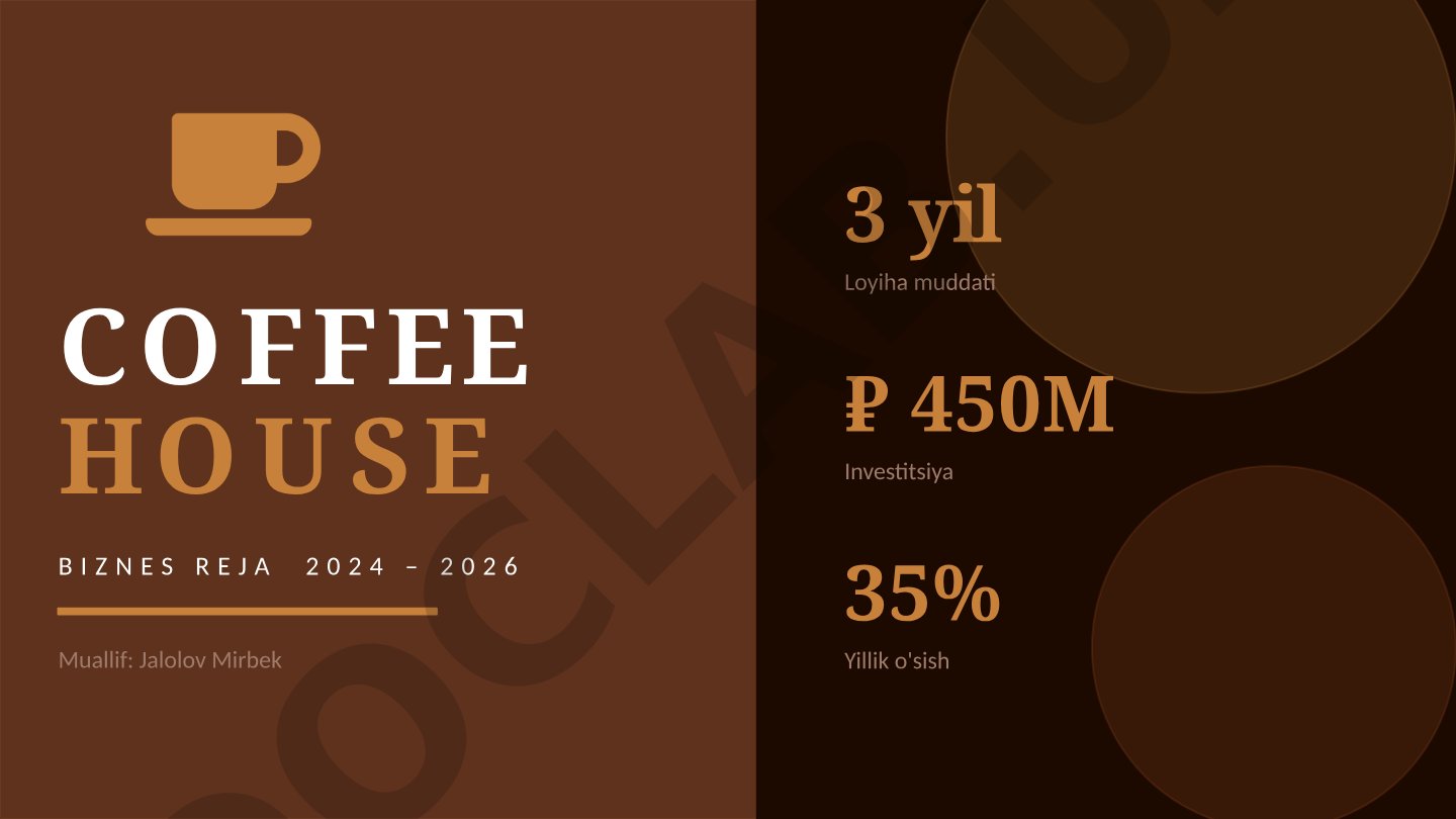 COFFEE HOUSE BIZNES REJA 2024 – 2026 Muallif: Jalolov Mirbek 3 yil Loyiha muddati
