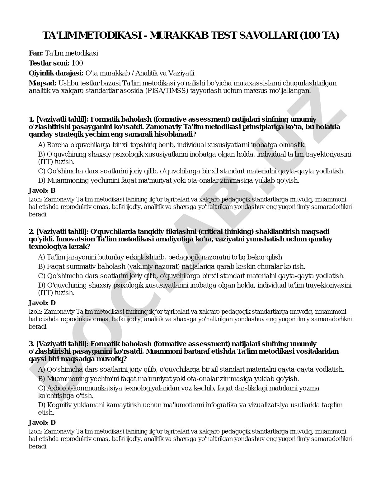 Ta'lim metodikasi - murakkab test savollari (100 ta)