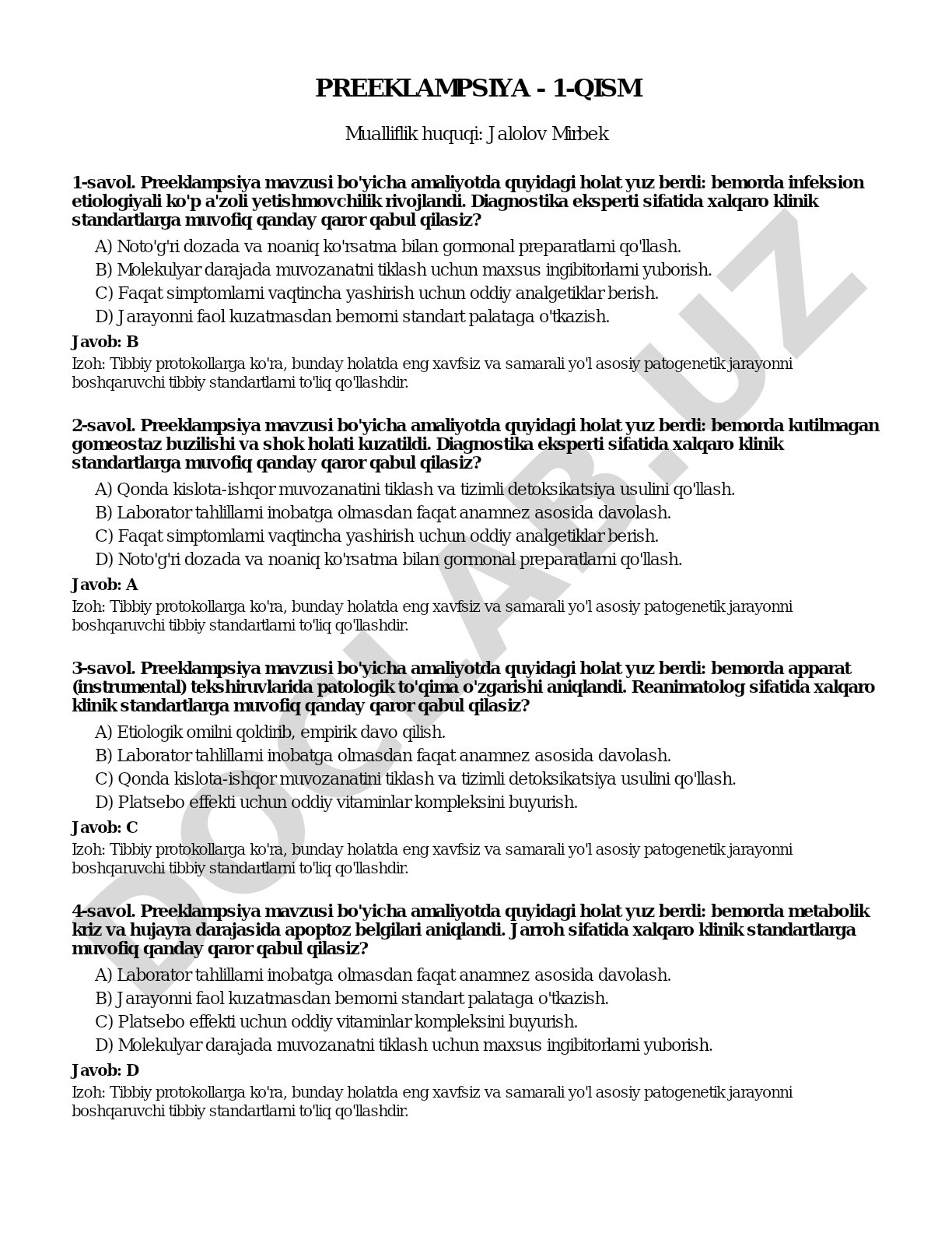 Preeklampsiya bo'yicha klinik holatlar va davolash usullari test savollari
