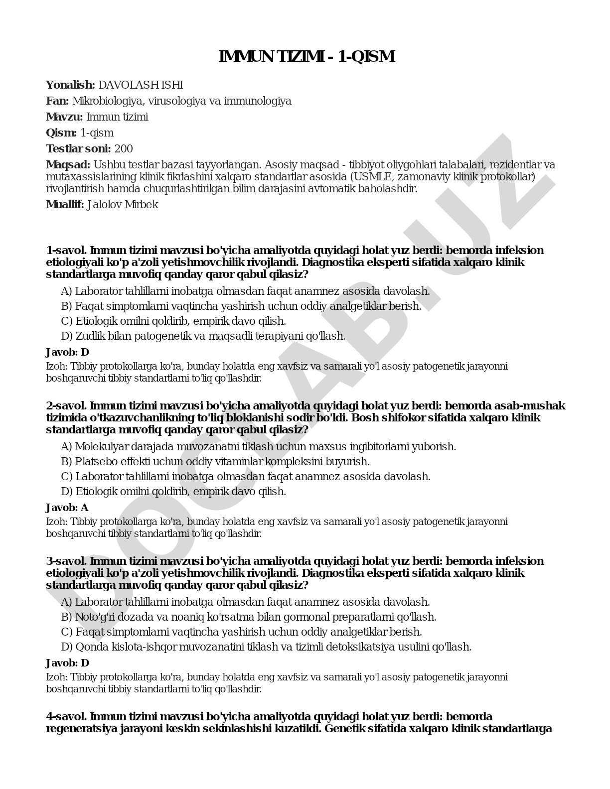 Immun tizimi bo'yicha 200 ta test savollari, tibbiyot talabalari uchun mo'ljallangan