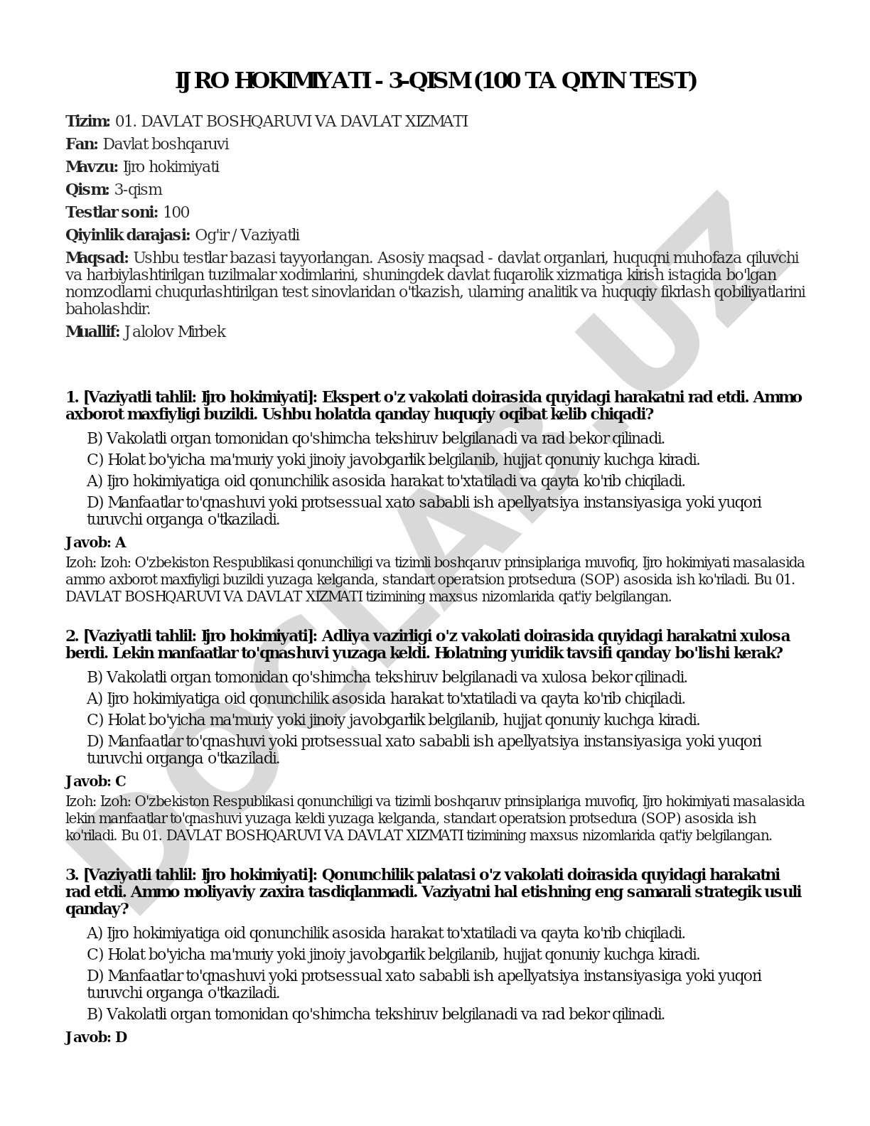 Ijro hokimiyati - 3-qism (100 ta qiyin test)