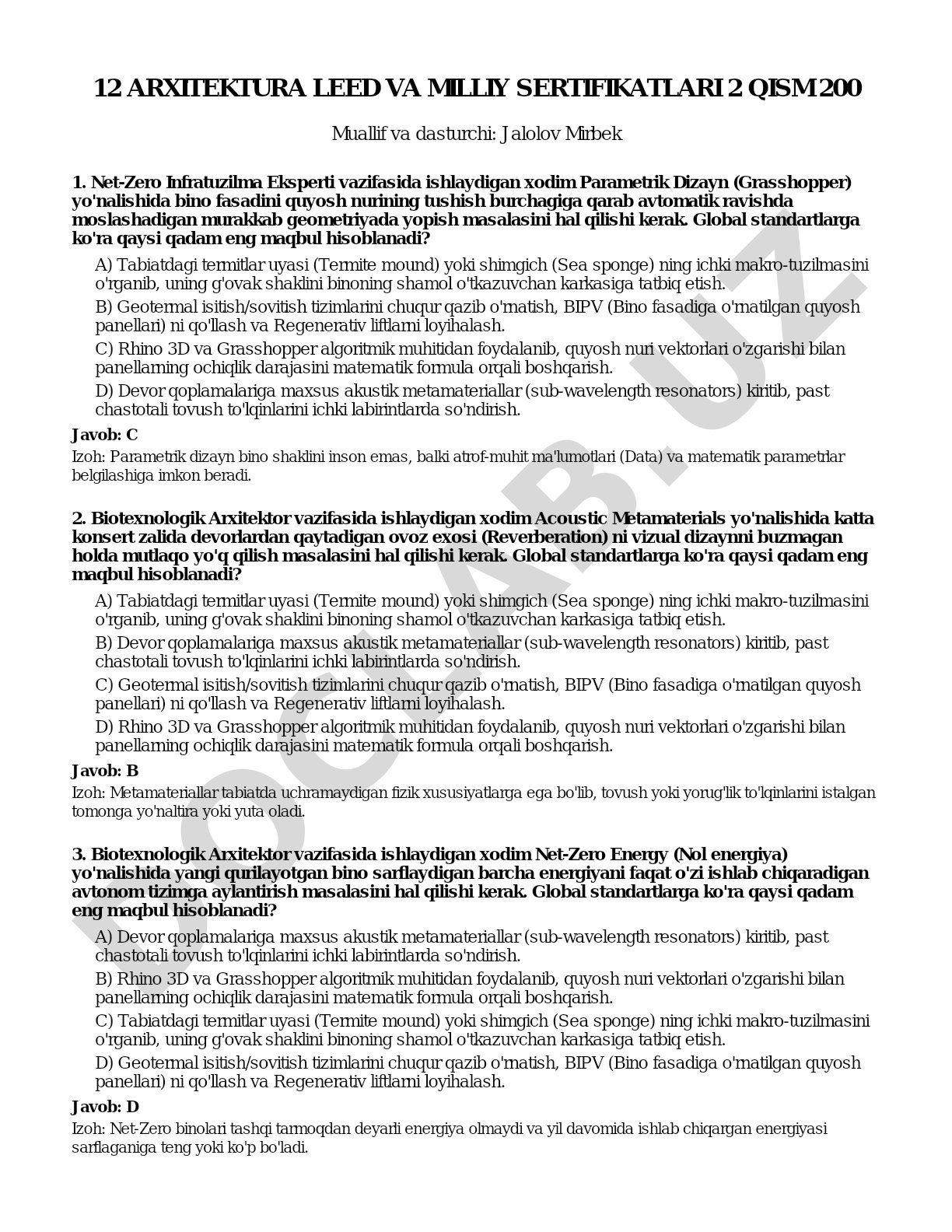 Arxitektura LEED va milliy sertifikatlari 2 qism