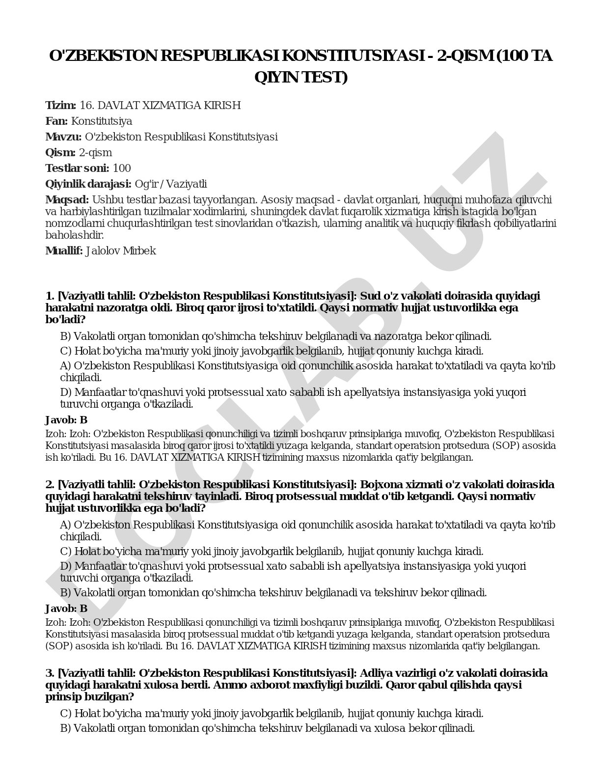 O'zbekiston Respublikasi Konstitutsiyasi - 2-qism (100 ta qiyin test)