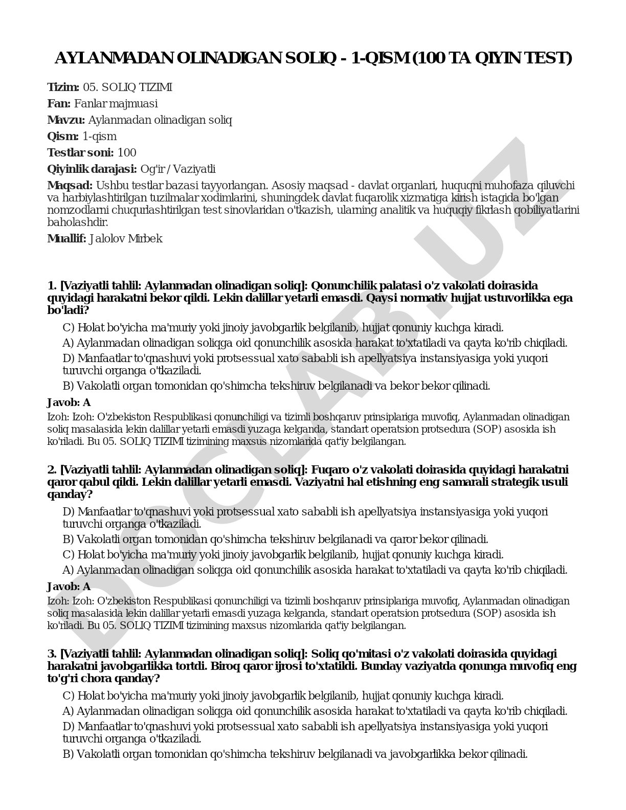 Aylanmadan olinadigan soliq - 1-qism (100 ta qiyin test)