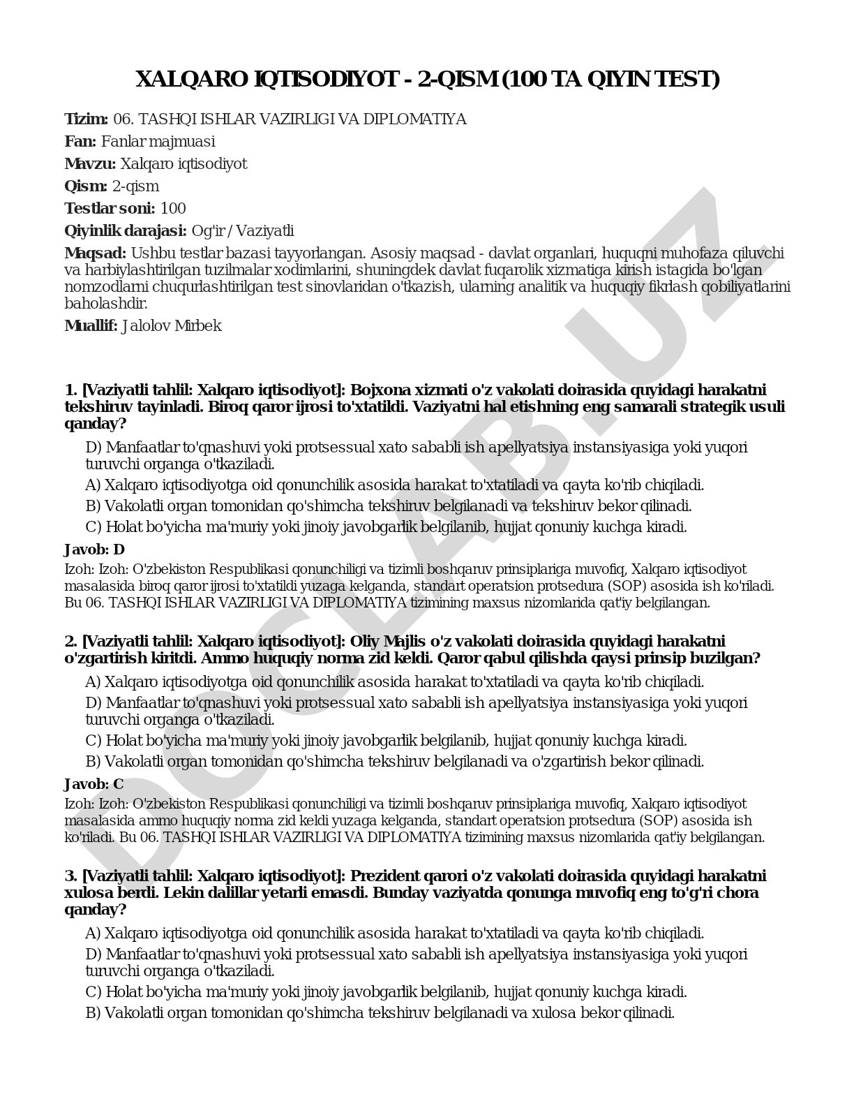 Xalqaro iqtisodiyot - 2-qism (100 ta qiyin test)