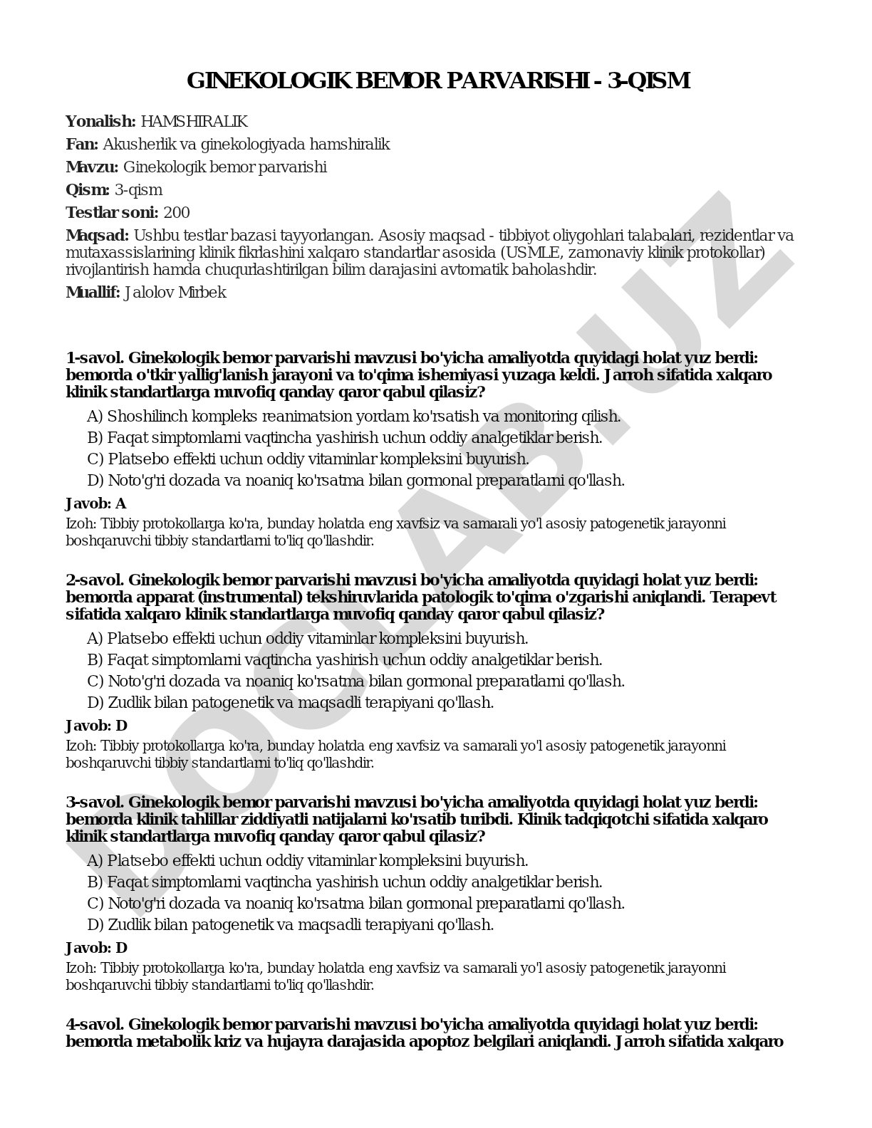 Ginekologik bemor parvarishi - 3-qism