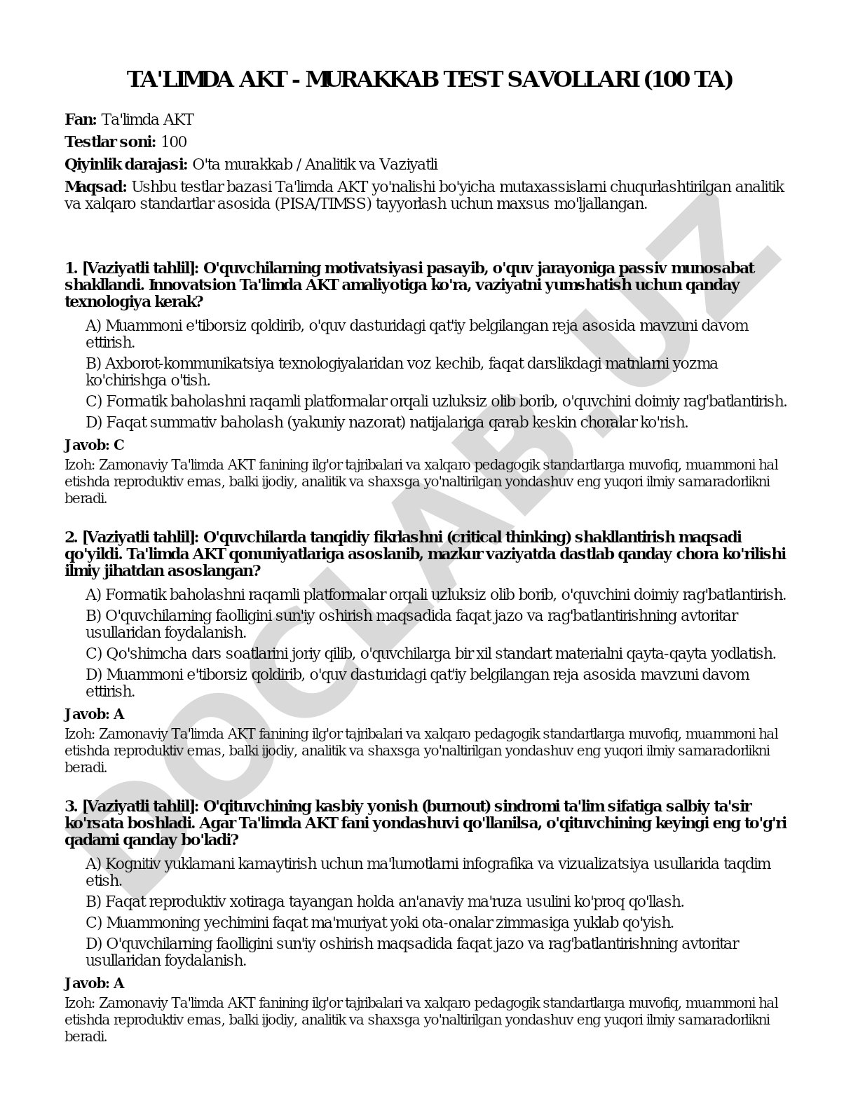 Ta'limda AKT - murakkab test savollari (100 ta)