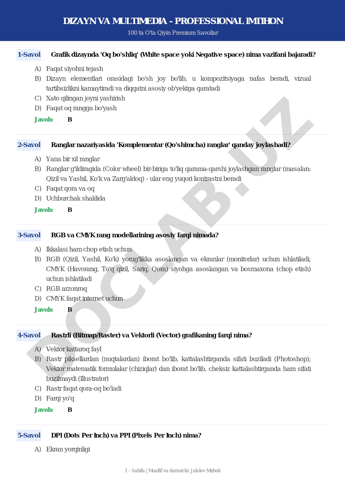 Dizayn va multimedia - professional imtihon 100 ta o'ta qiyin premium savollar