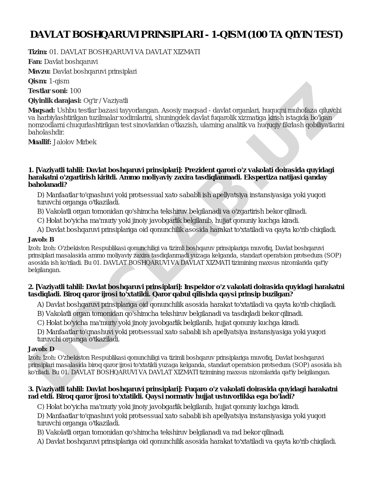 Davlat boshqaruvi prinsiplari - 1-qism (100 ta qiyin test)