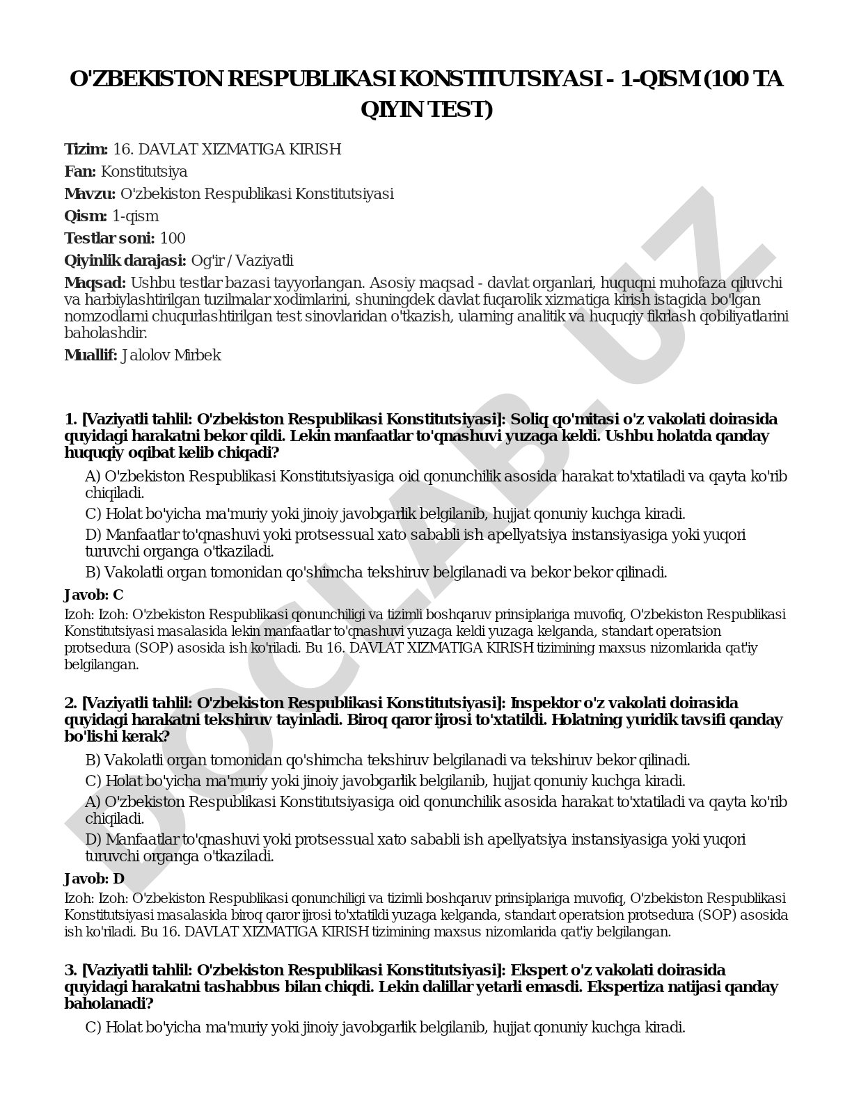 O'zbekiston Respublikasi Konstitutsiyasi - 1-qism (100 ta qiyin test)