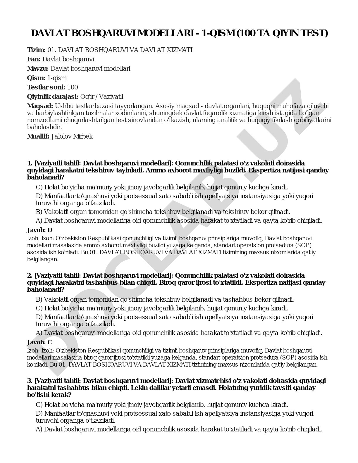 Davlat boshqaruvi modellari - 1-qism (100 ta qiyin test)