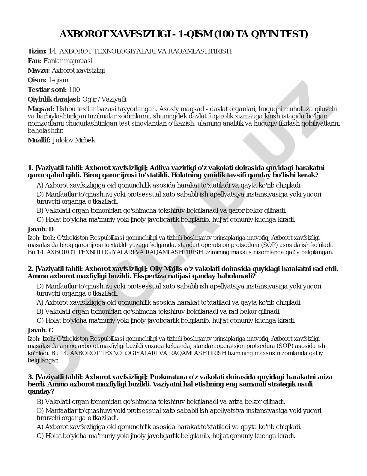 Axborot xavfsizligi - 1-qism (100 ta qiyin test)