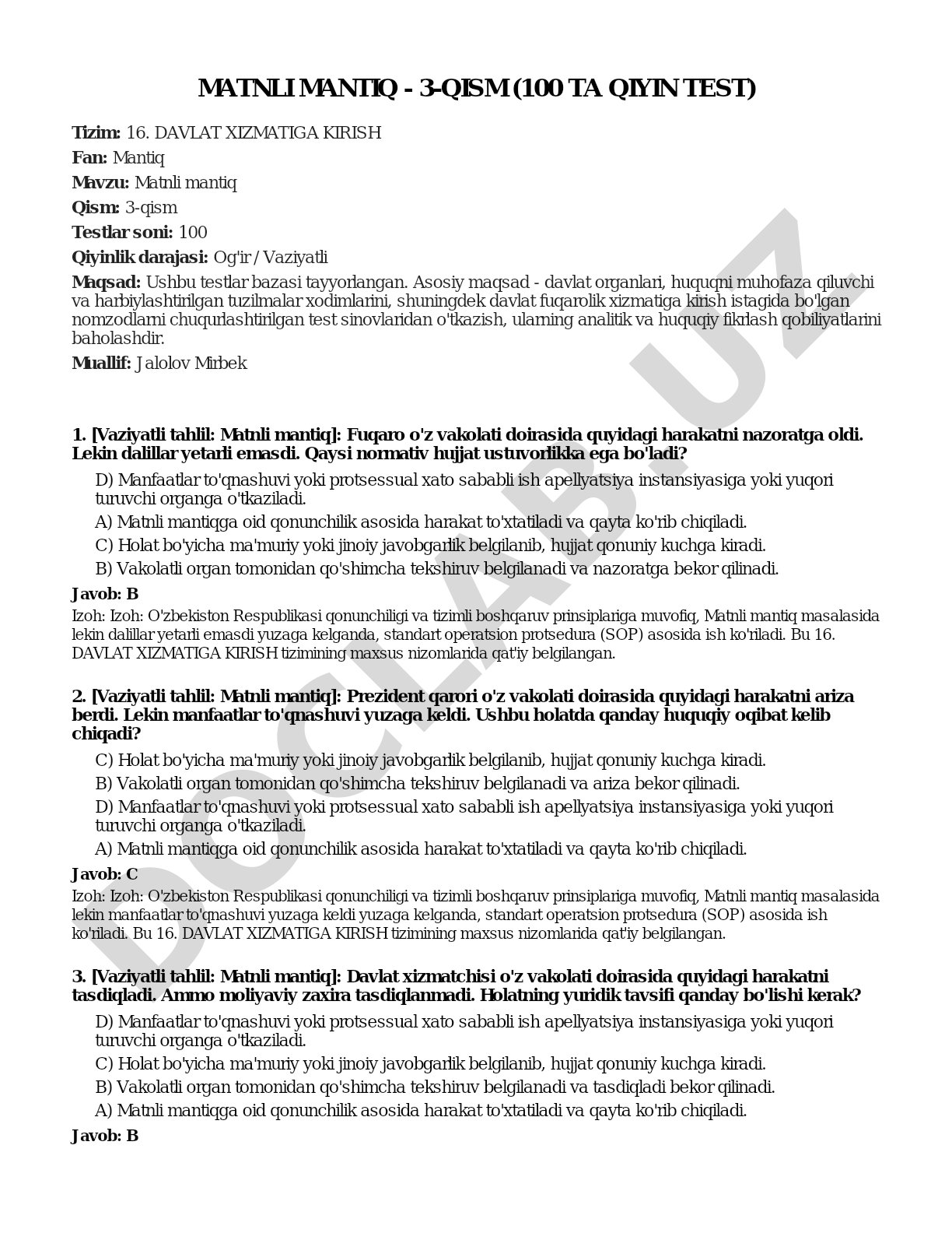 Matnli mantiq - 3-qism (100 ta qiyin test)