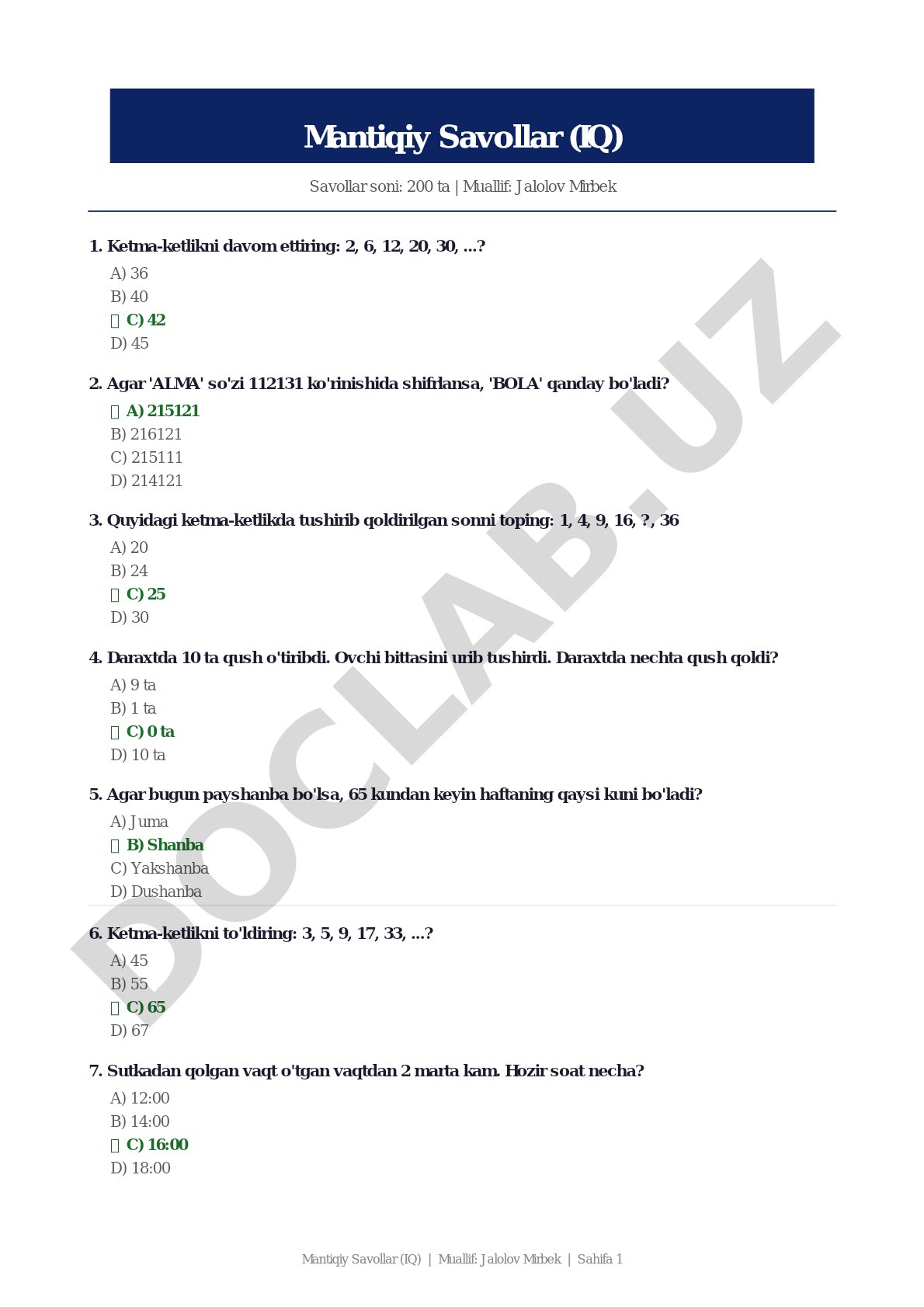 Mantiqiy Savollar (IQ) | Muallif: Jalolov Mirbek | Sahifa 1 Mantiqiy Savollar (IQ) Savollar