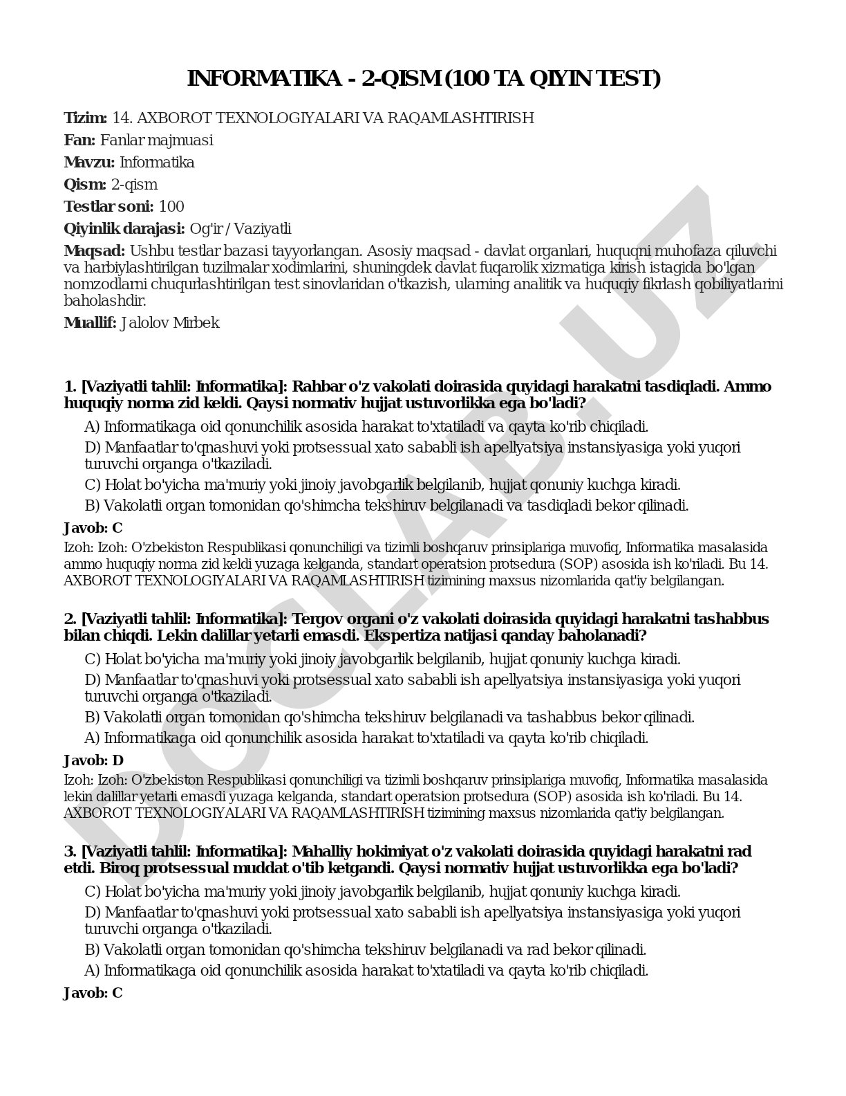 Informatika - 2-qism (100 ta qiyin test)