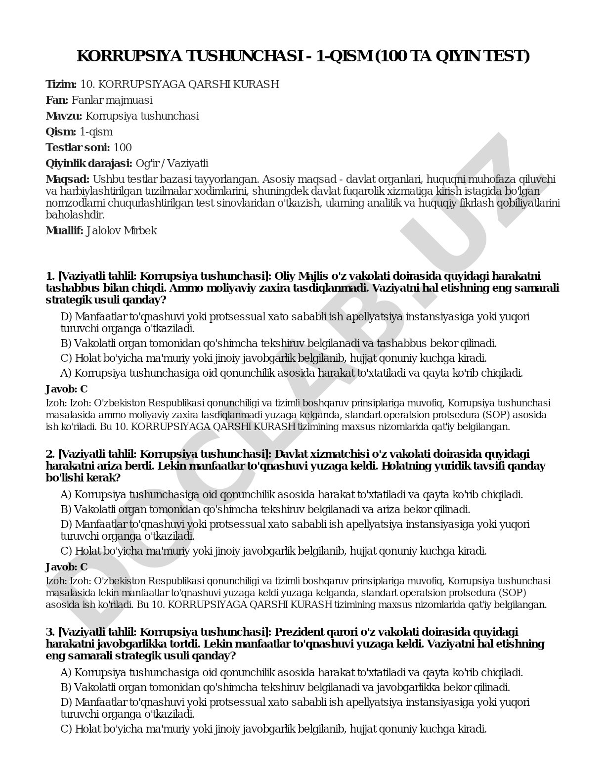 Korrupsiya tushunchasi - 1-qism (100 ta qiyin test)
