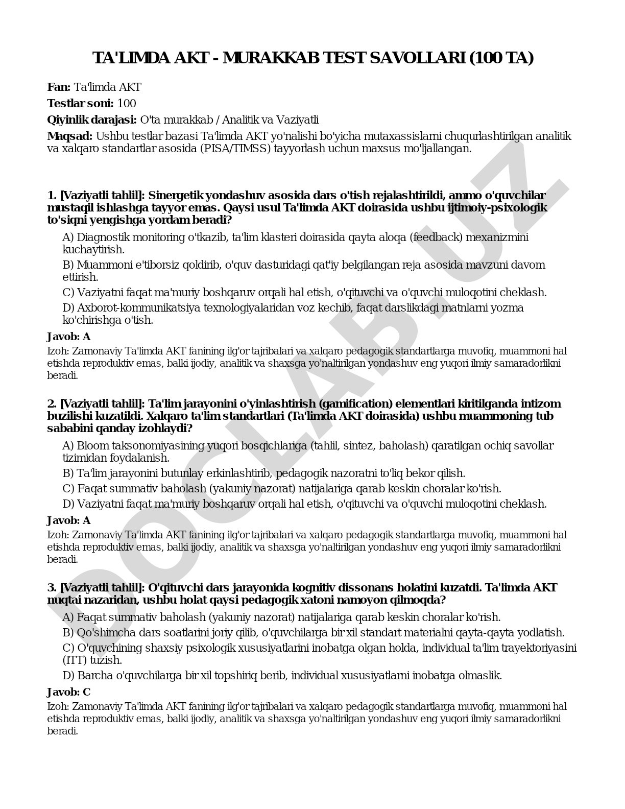 Ta'limda AKT - murakkab test savollari (100 ta)