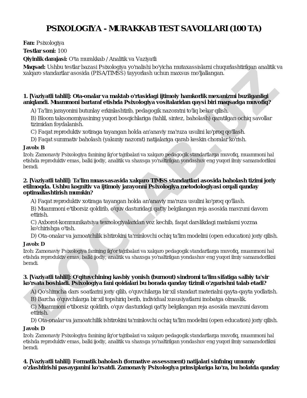 Psixologiya - murakkab test savollari (100 ta)