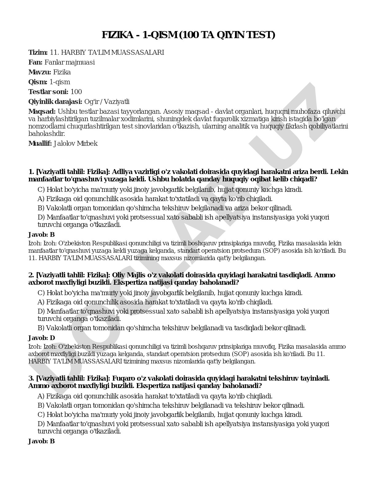 Fizika - 1-qism (100 ta qiyin test)