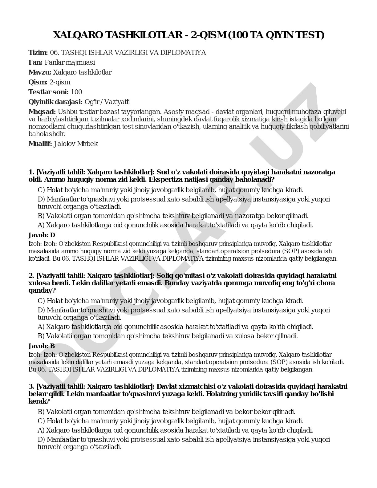 Xalqaro tashkilotlar - 2-qism (100 ta qiyin test)