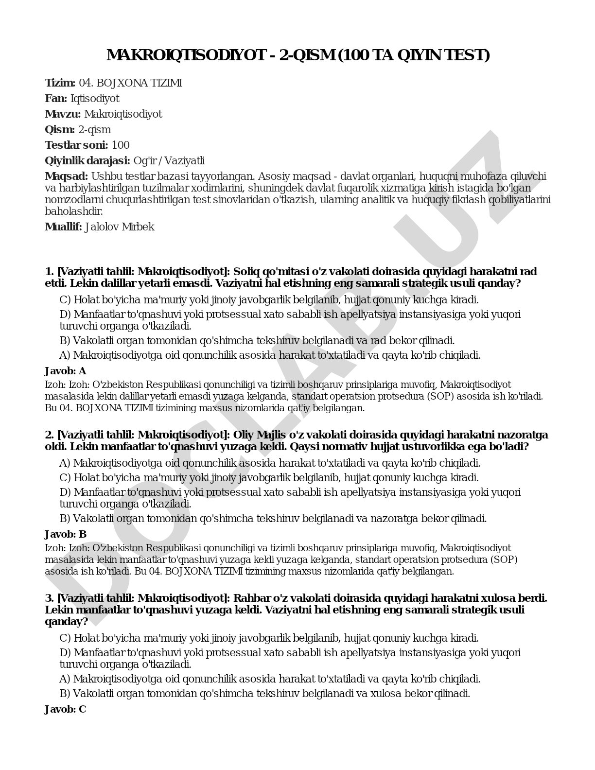 Makroiqtisodiyot - 2-qism (100 ta qiyin test)