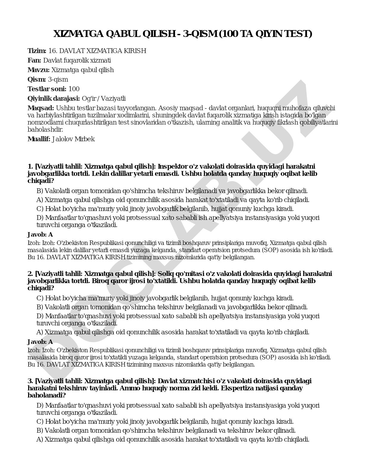 Xizmatga qabul qilish - 3-qism (100 ta qiyin test)