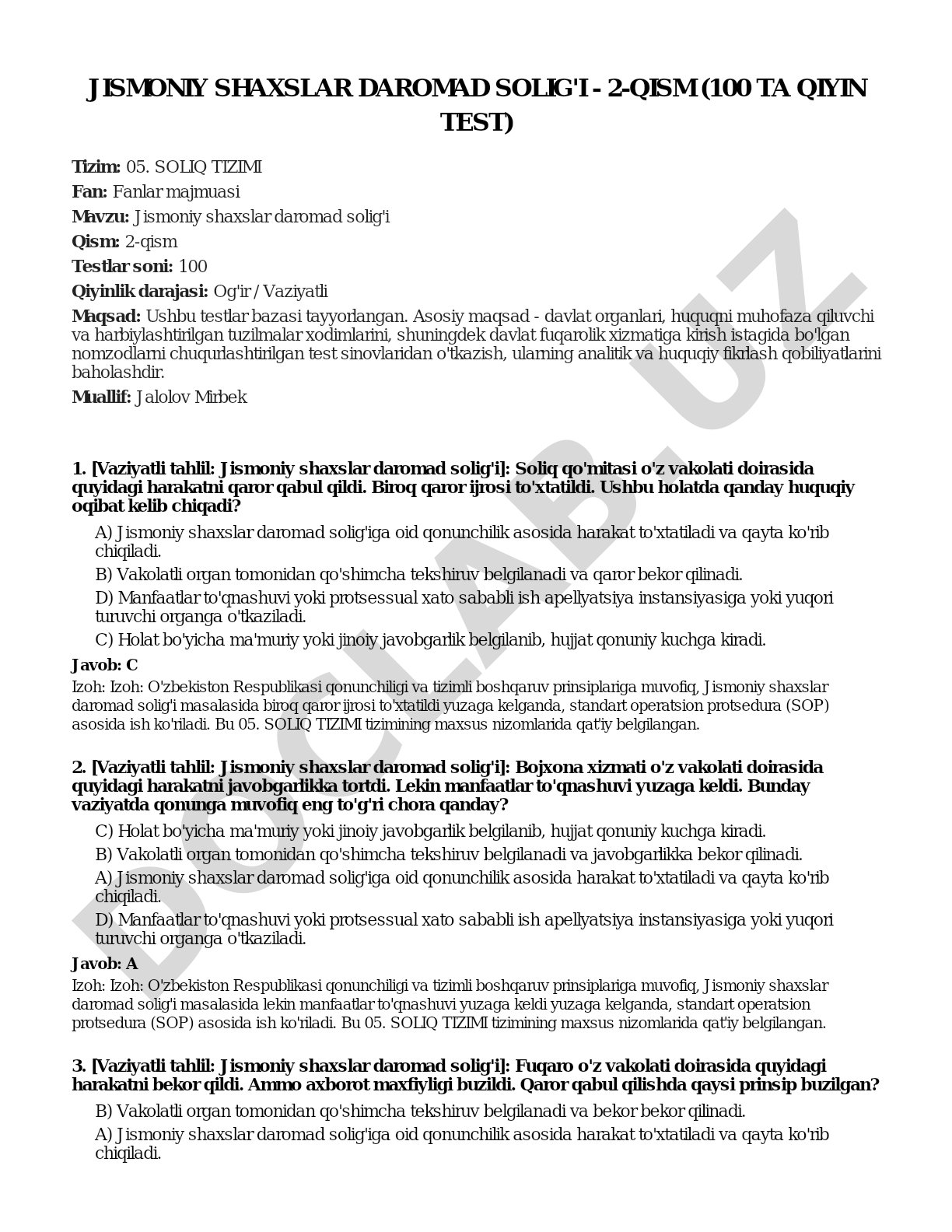 Jismoniy shaxslar daromad solig'i - 2-qism (100 ta qiyin test)