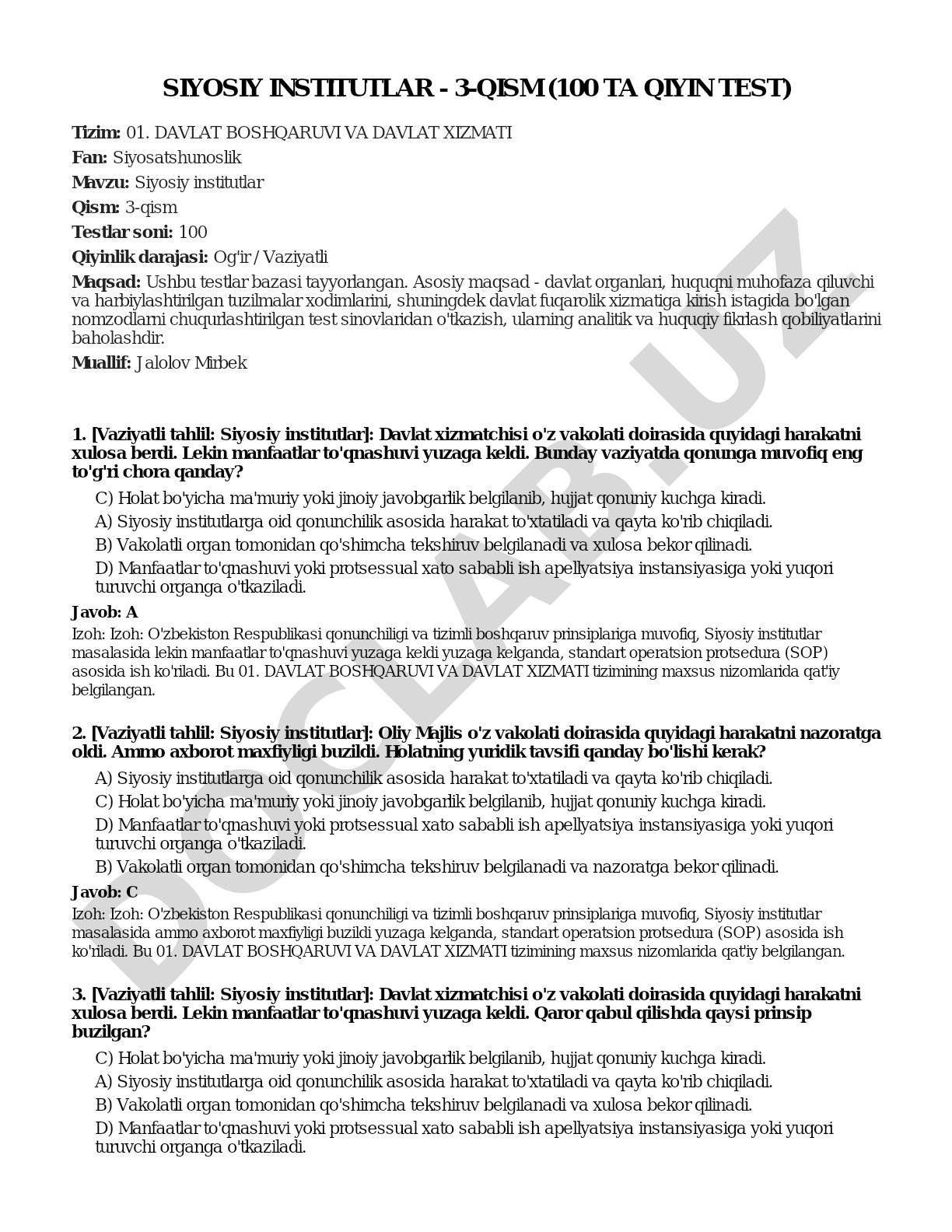 Siyosiy institutlar - 3-qism (100 ta qiyin test)
