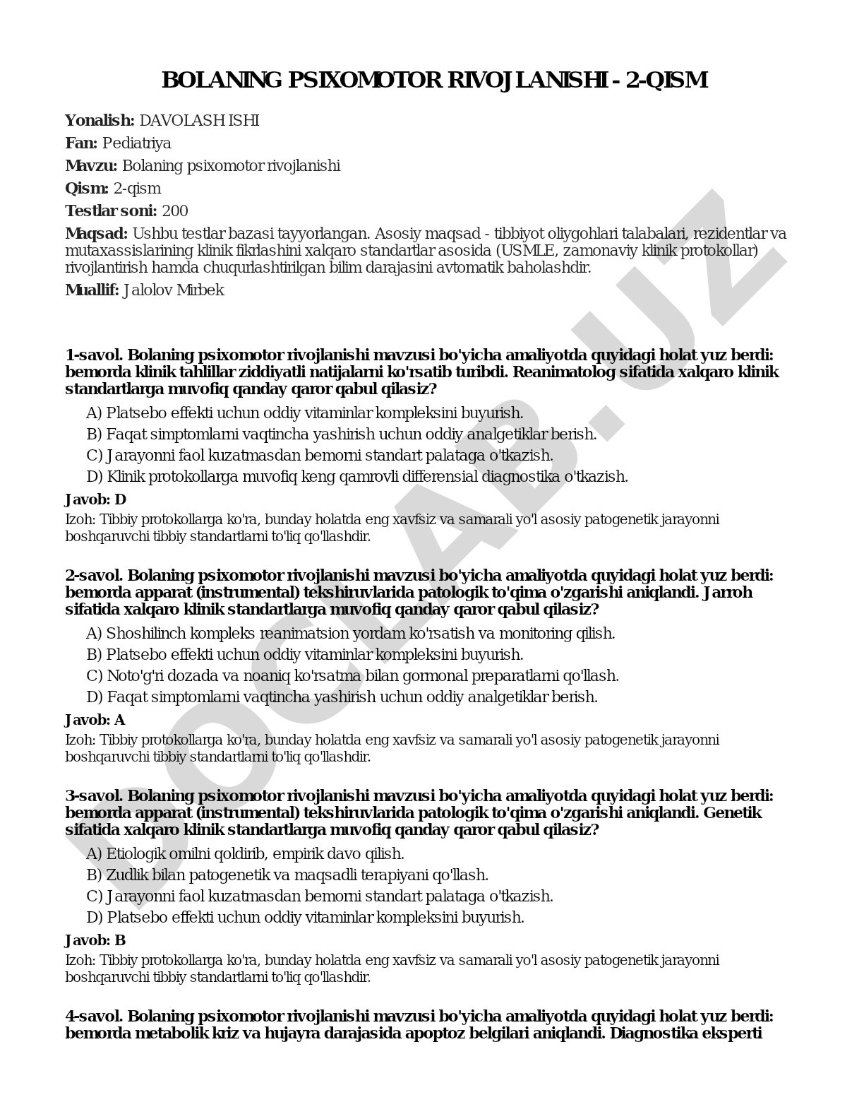 Bolaning psixomotor rivojlanishi - 2-qism