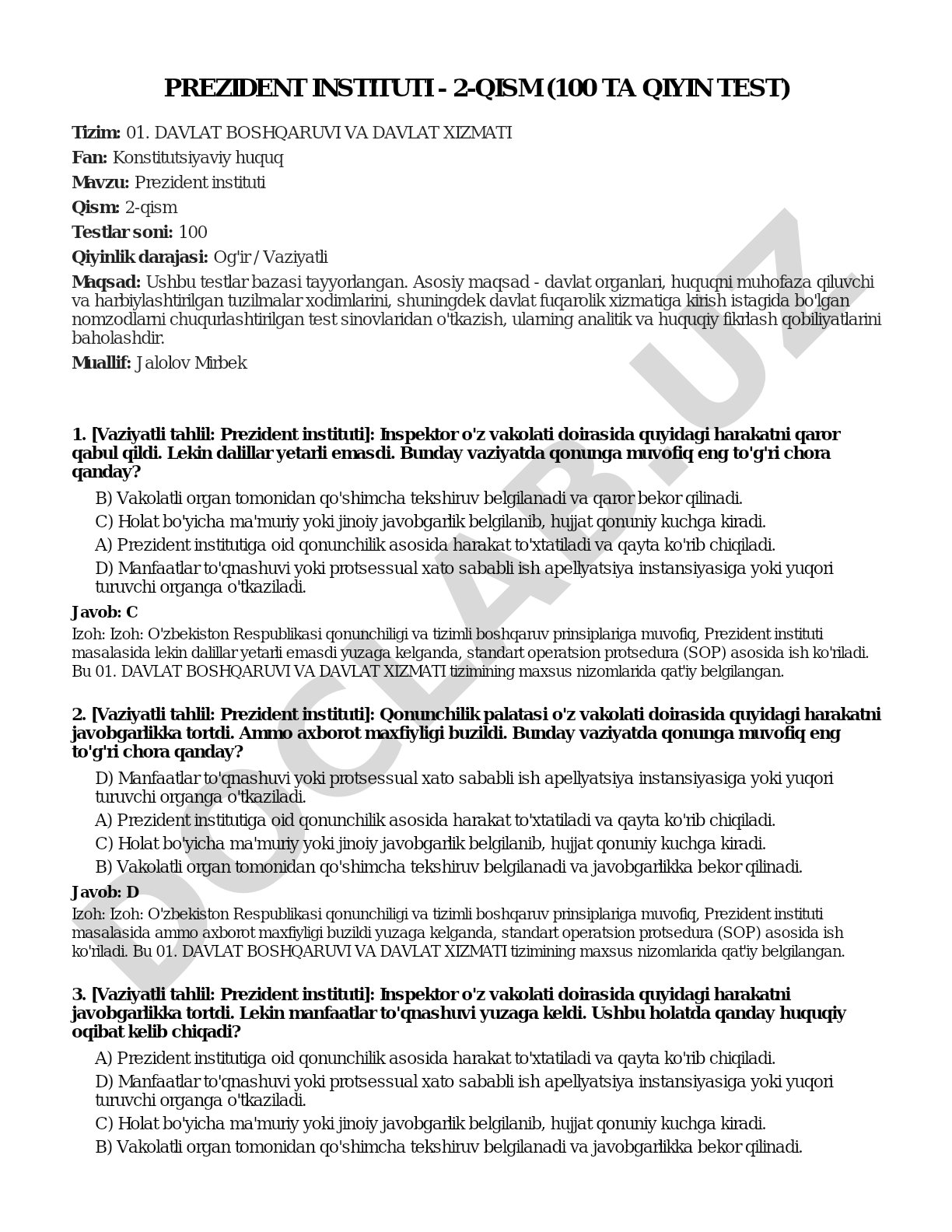 Prezident instituti - 2-qism (100 ta qiyin test)