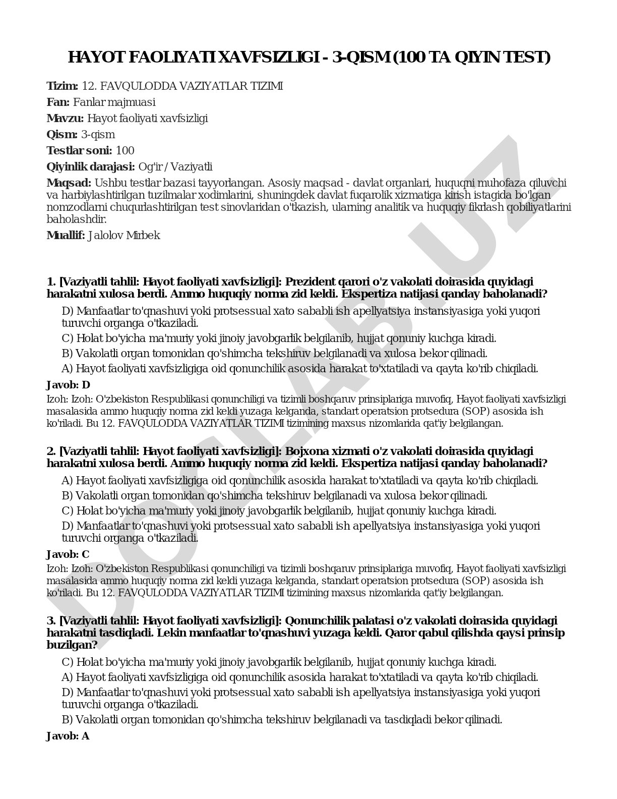 Hayot faoliyati xavfsizligi - 3-qism (100 ta qiyin test)