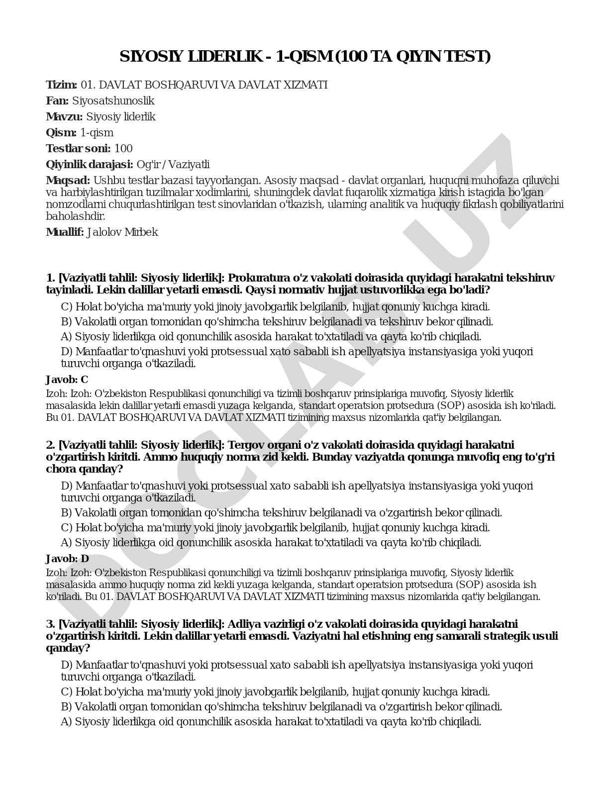 Siyosiy liderlik - 1-qism (100 ta qiyin test)