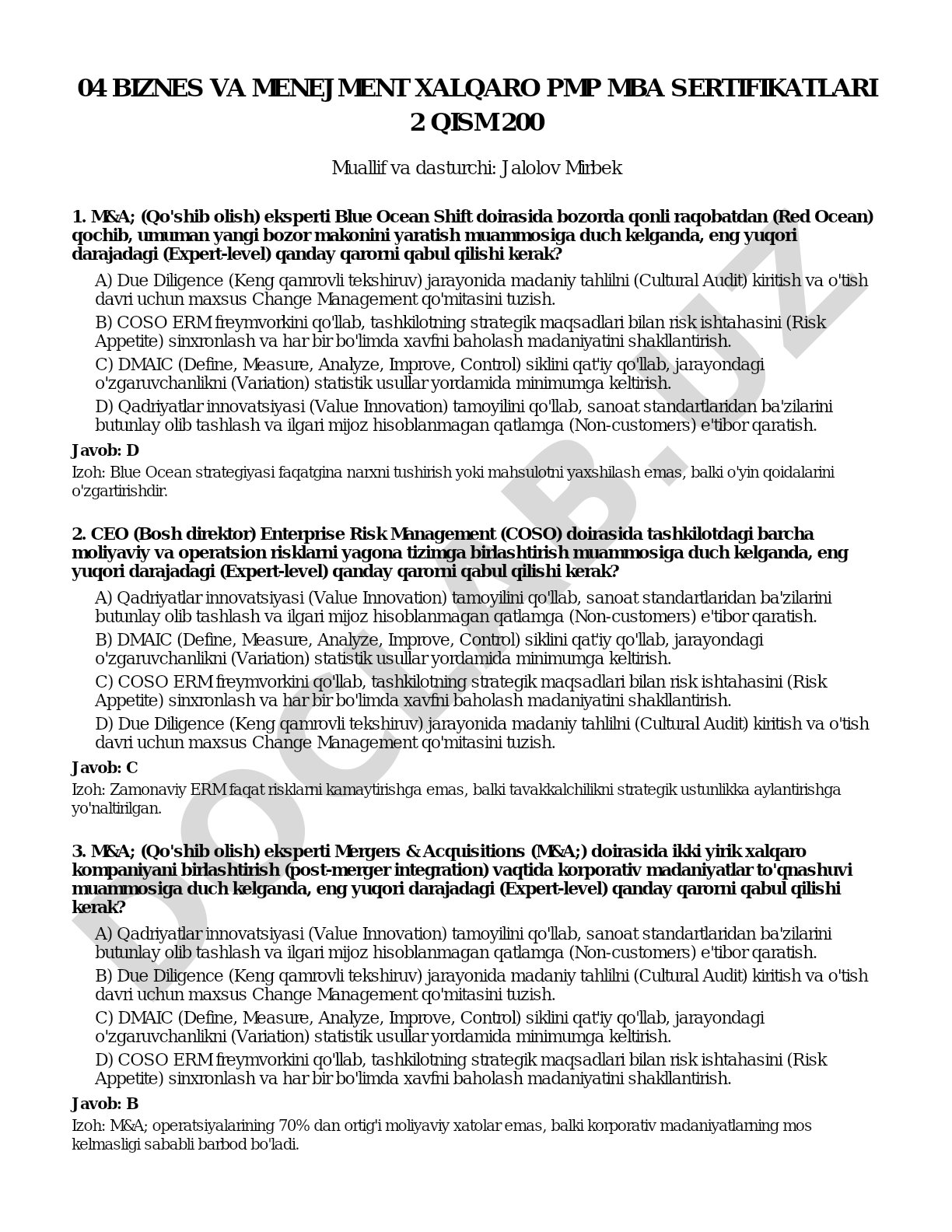 Biznes va menejment xalqaro PMP MBA sertifikatlari