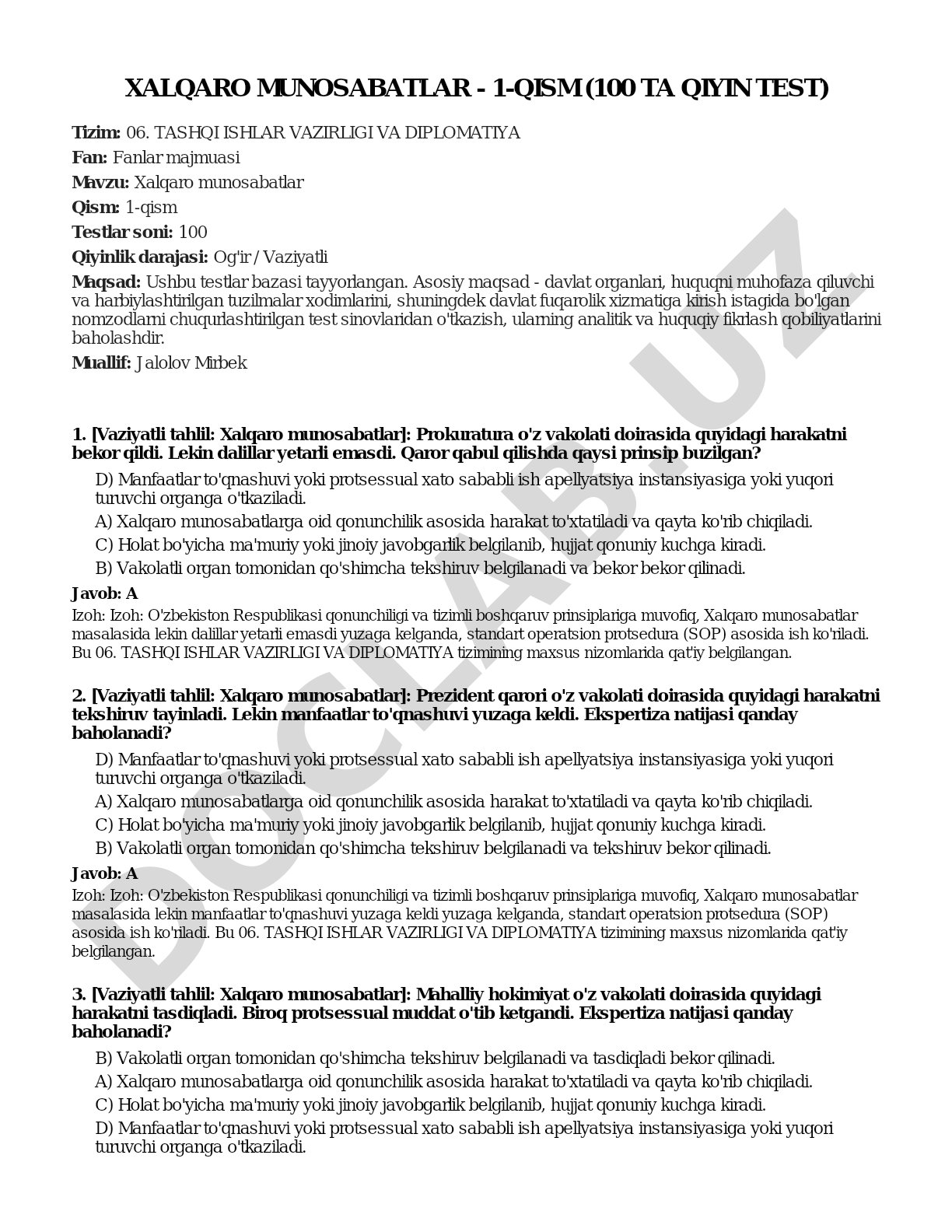Xalqaro munosabatlar - 1-qism (100 ta qiyin test)
