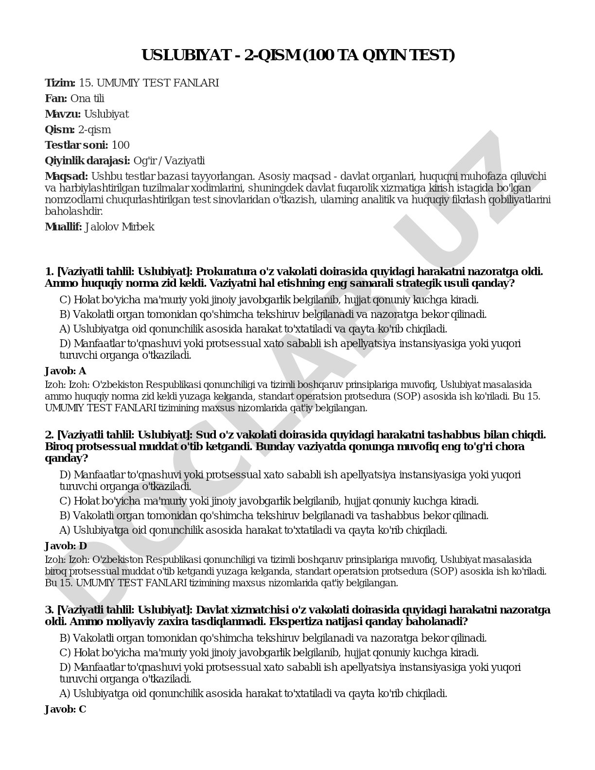 Uslubiyat - 2-qism (100 ta qiyin test)