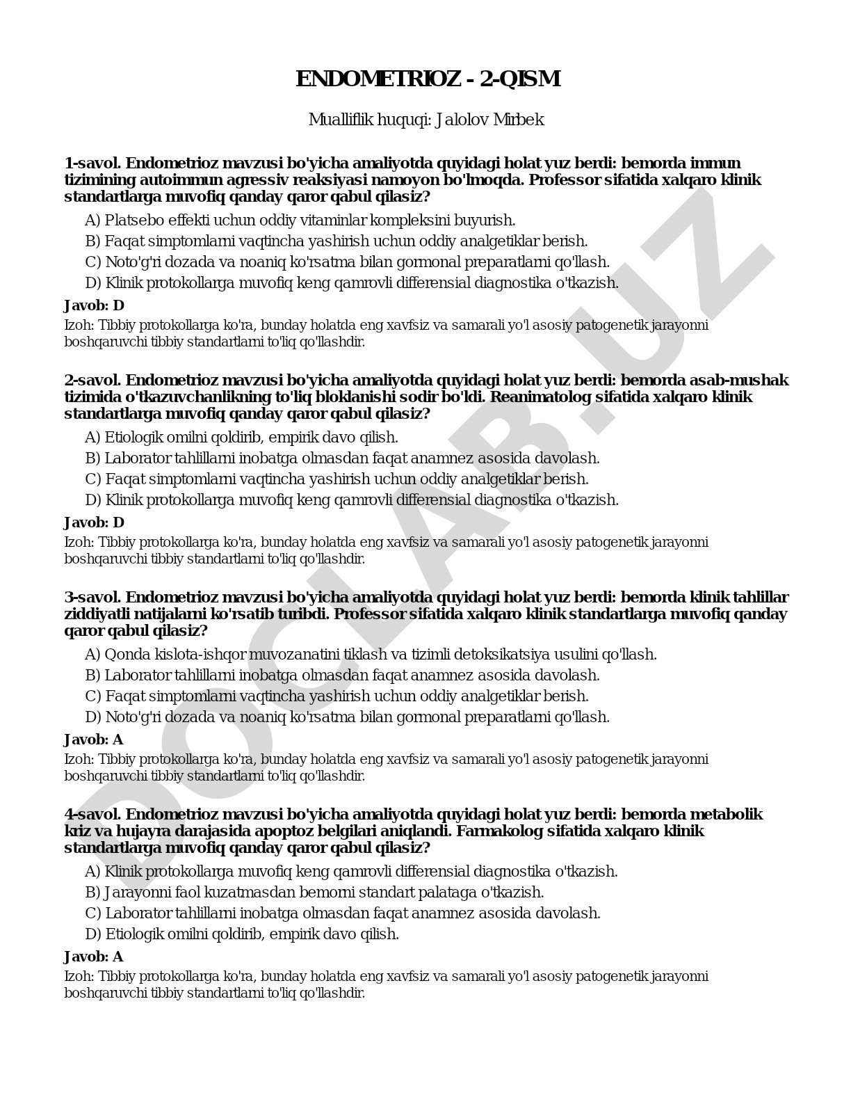 Endometrioz bo'yicha klinik test savollari va to'g'ri javoblar