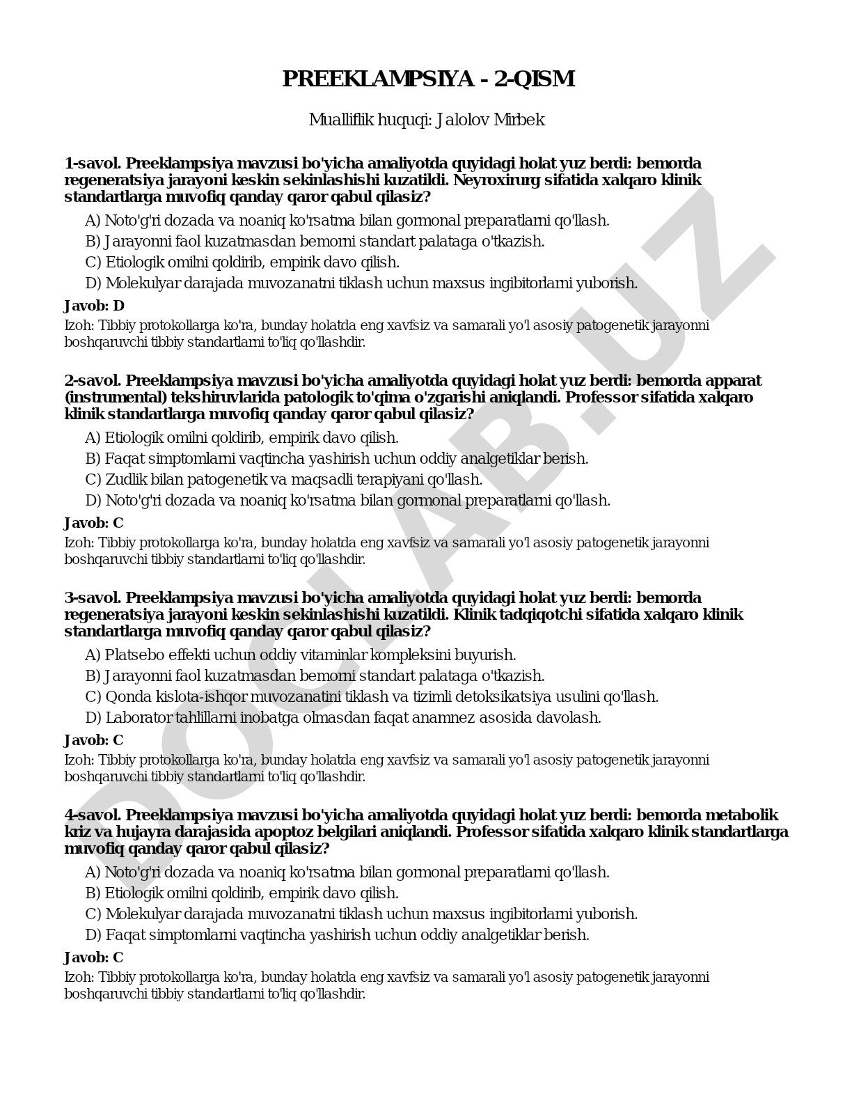 Preeklampsiya bo'yicha klinik vaziyatlar va javobli test savollari