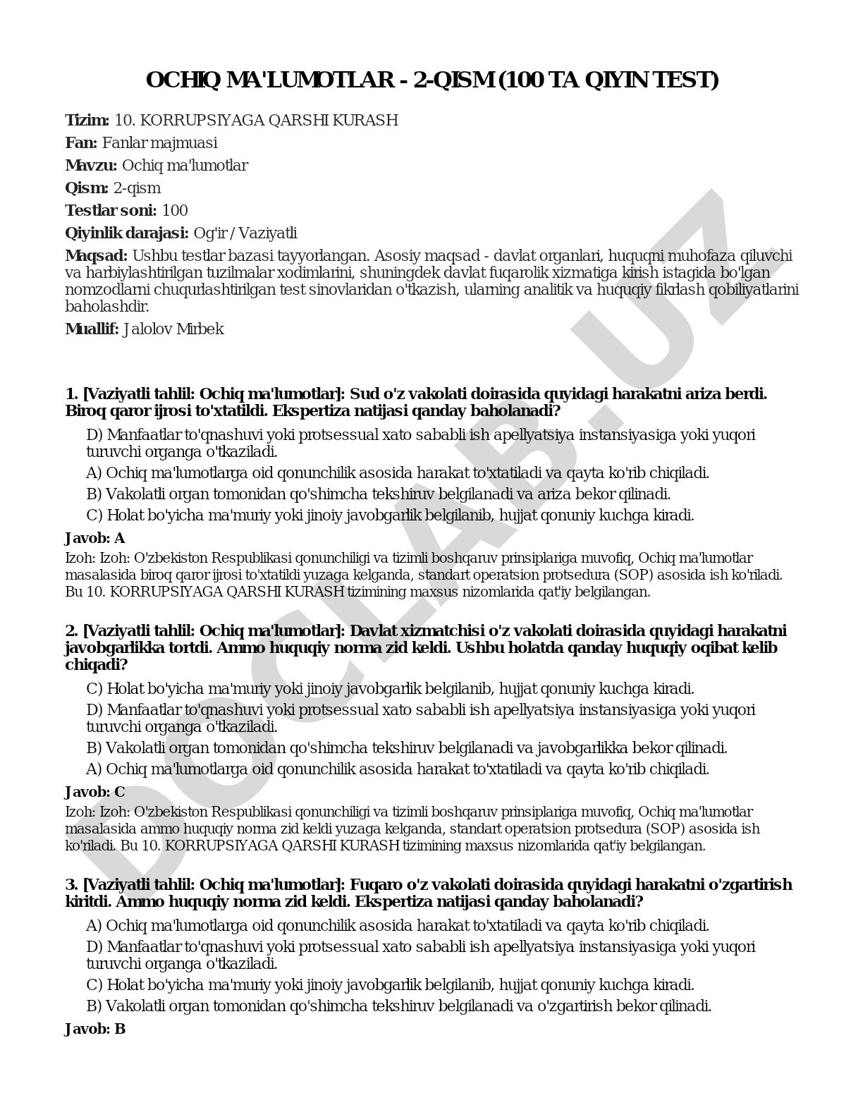 Ochiq ma'lumotlar - 2-qism (100 ta qiyin test)