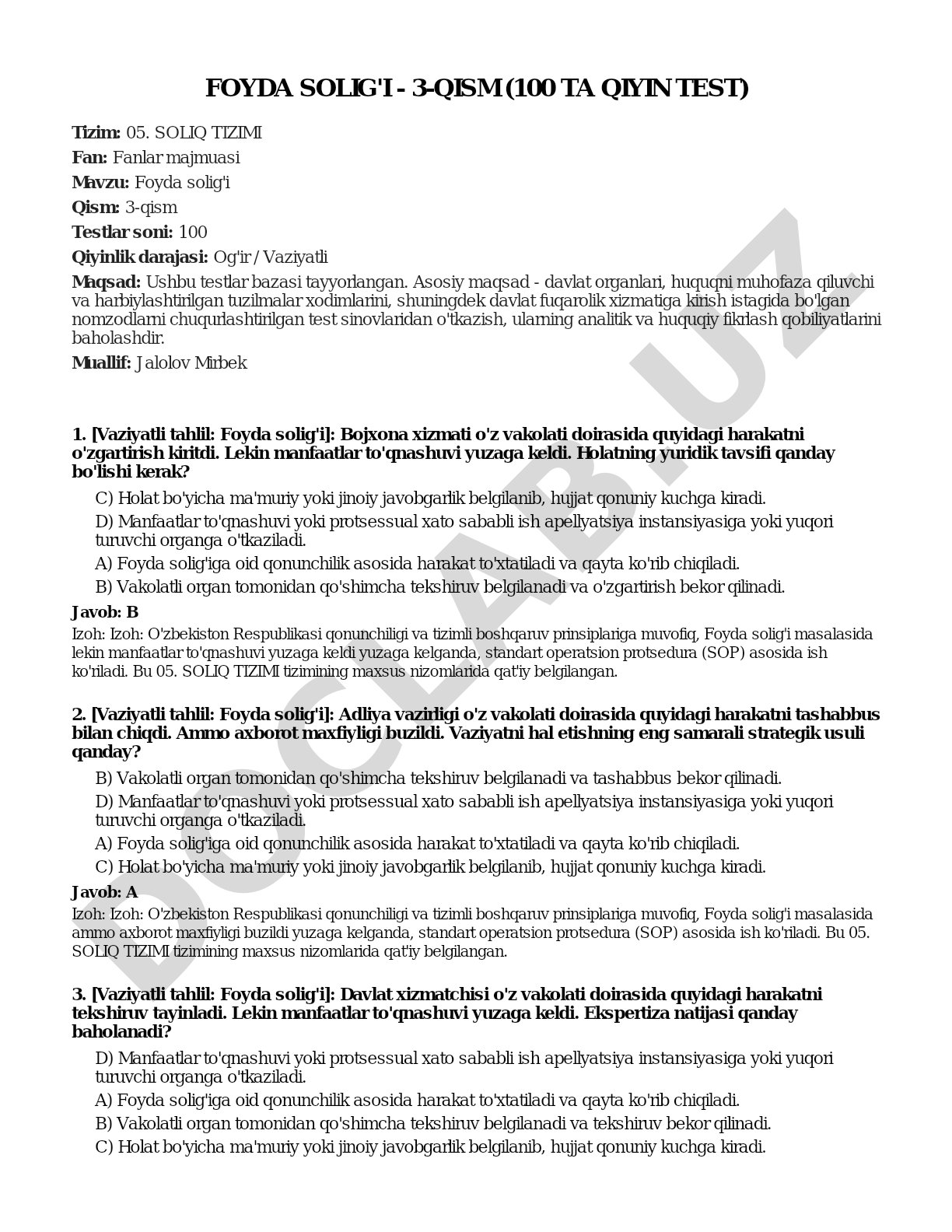 Foyda solig'i - 3-qism (100 ta qiyin test)