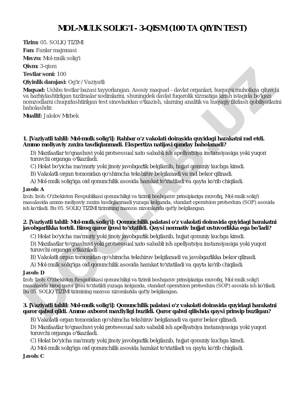 Mol-mulk solig'i - 3-qism (100 ta qiyin test)