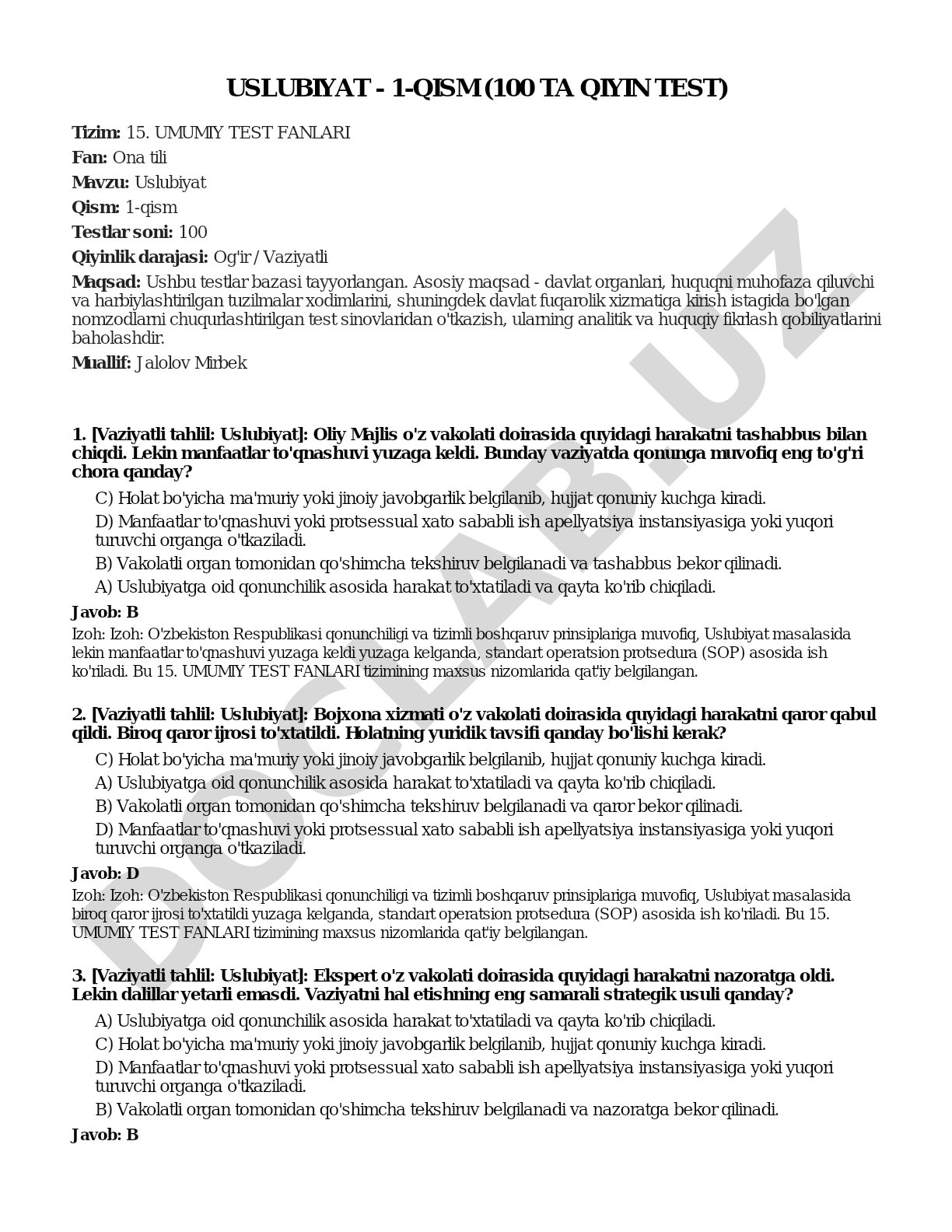 Uslubiyat - 1-qism (100 ta qiyin test)