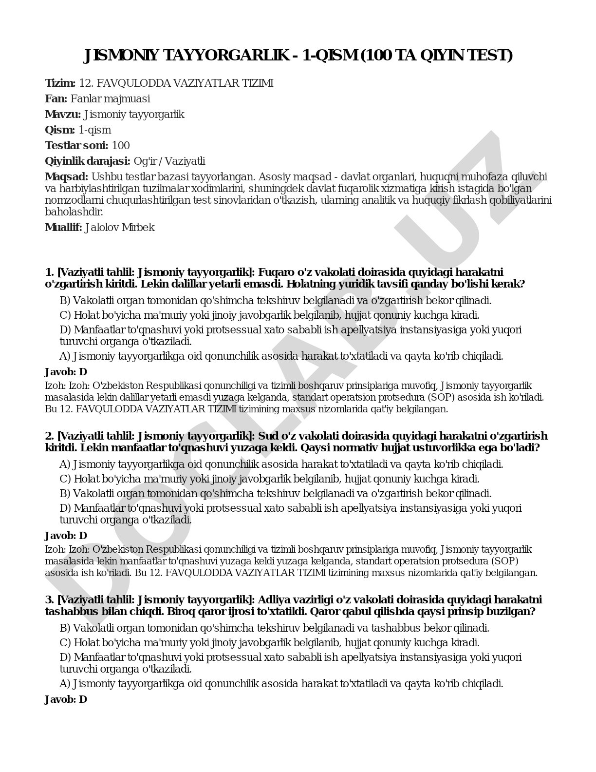 Jismoniy tayyorgarlik - 1-qism (100 ta qiyin test)