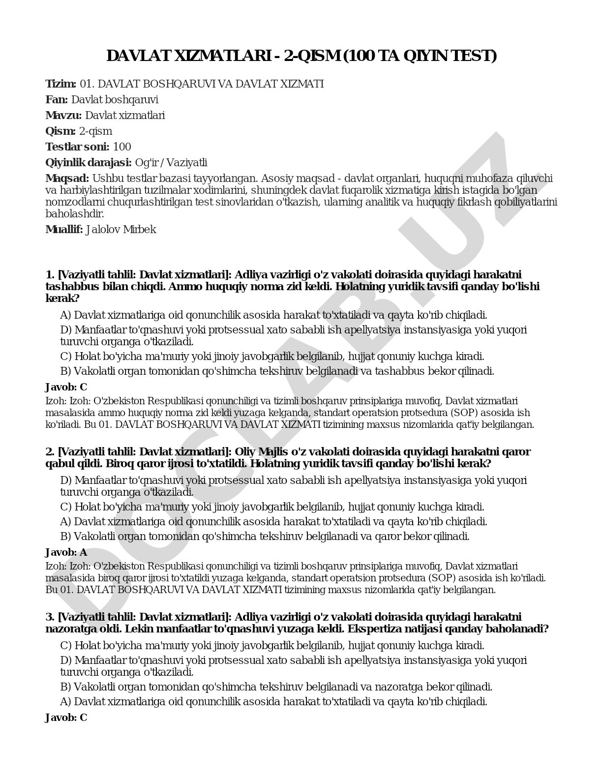 Davlat xizmatlari - 2-qism (100 ta qiyin test)