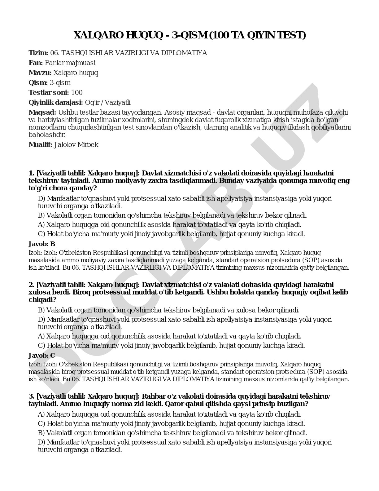 Xalqaro huquq - 3-qism (100 ta qiyin test)