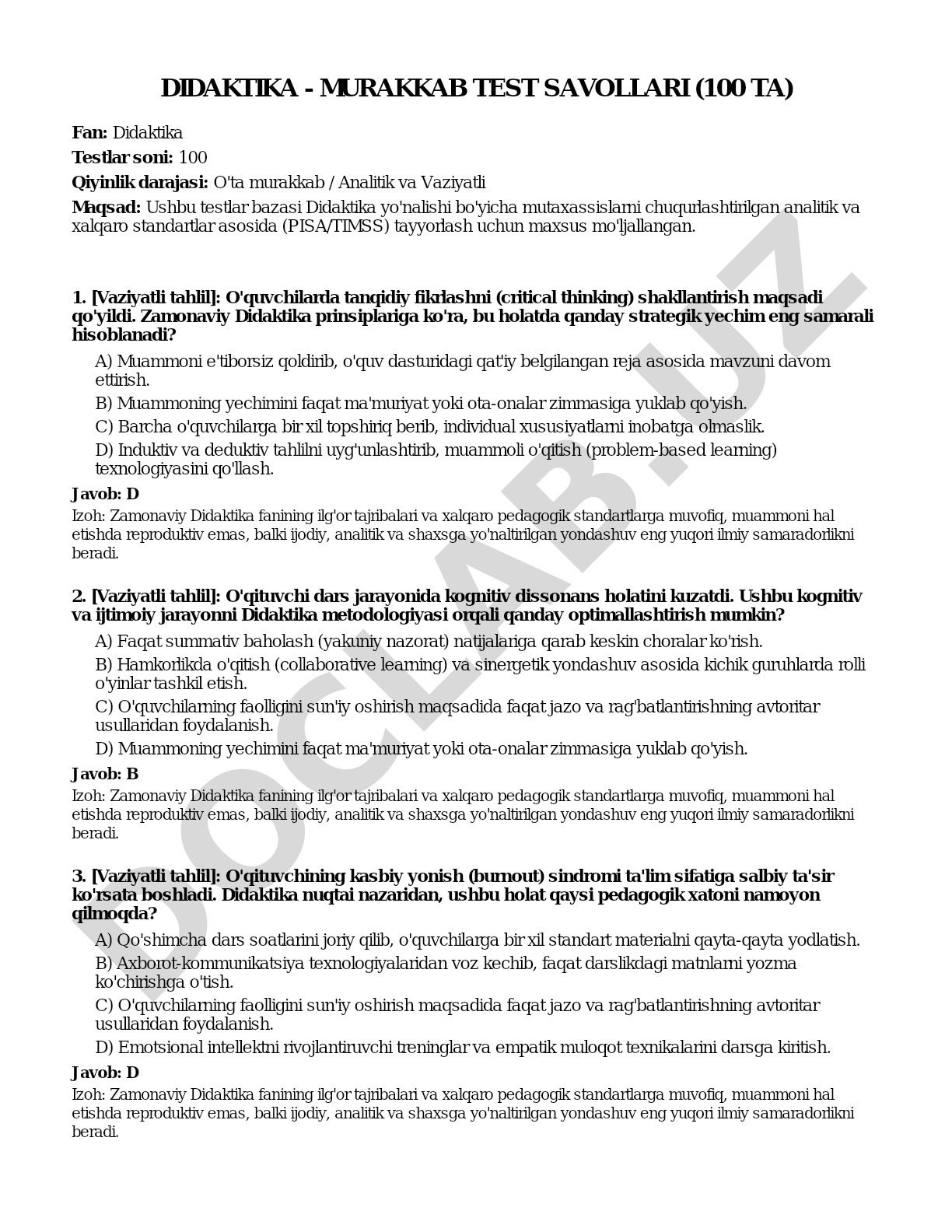 Didaktika - Murakkab test savollari (100 ta)