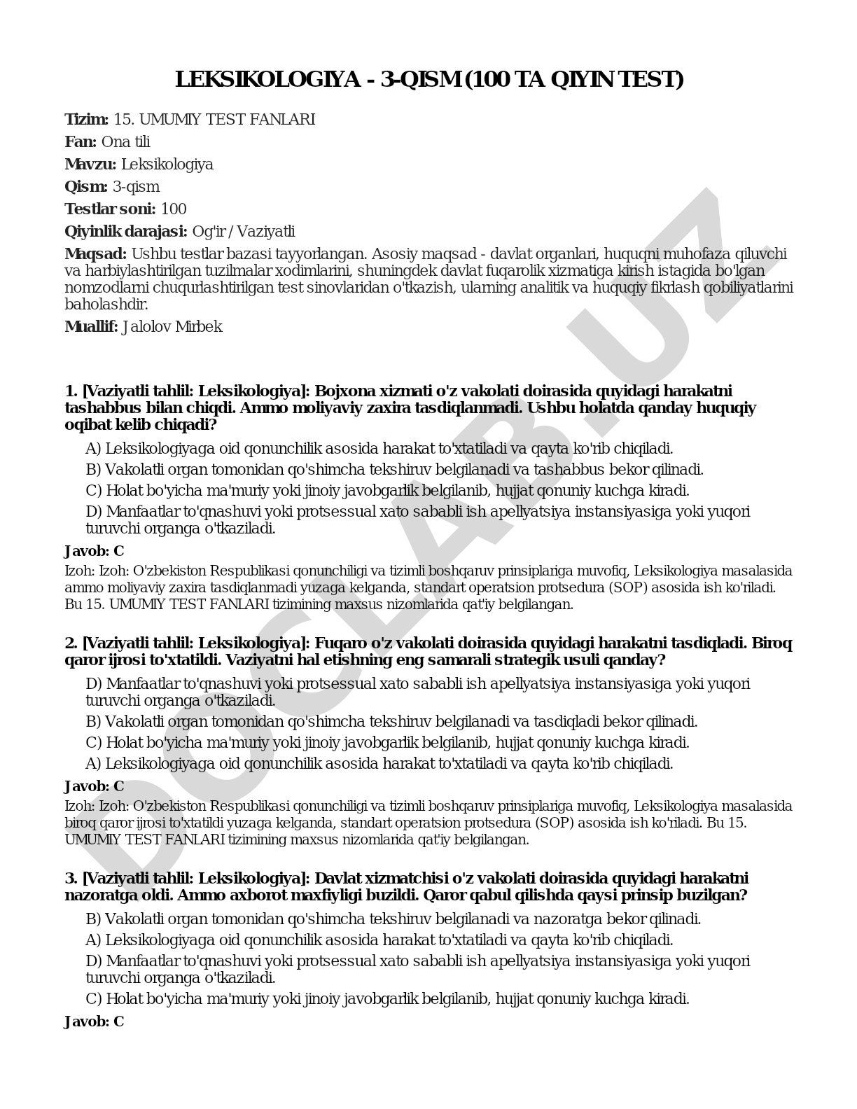 Leksikologiya - 3-qism (100 ta qiyin test)