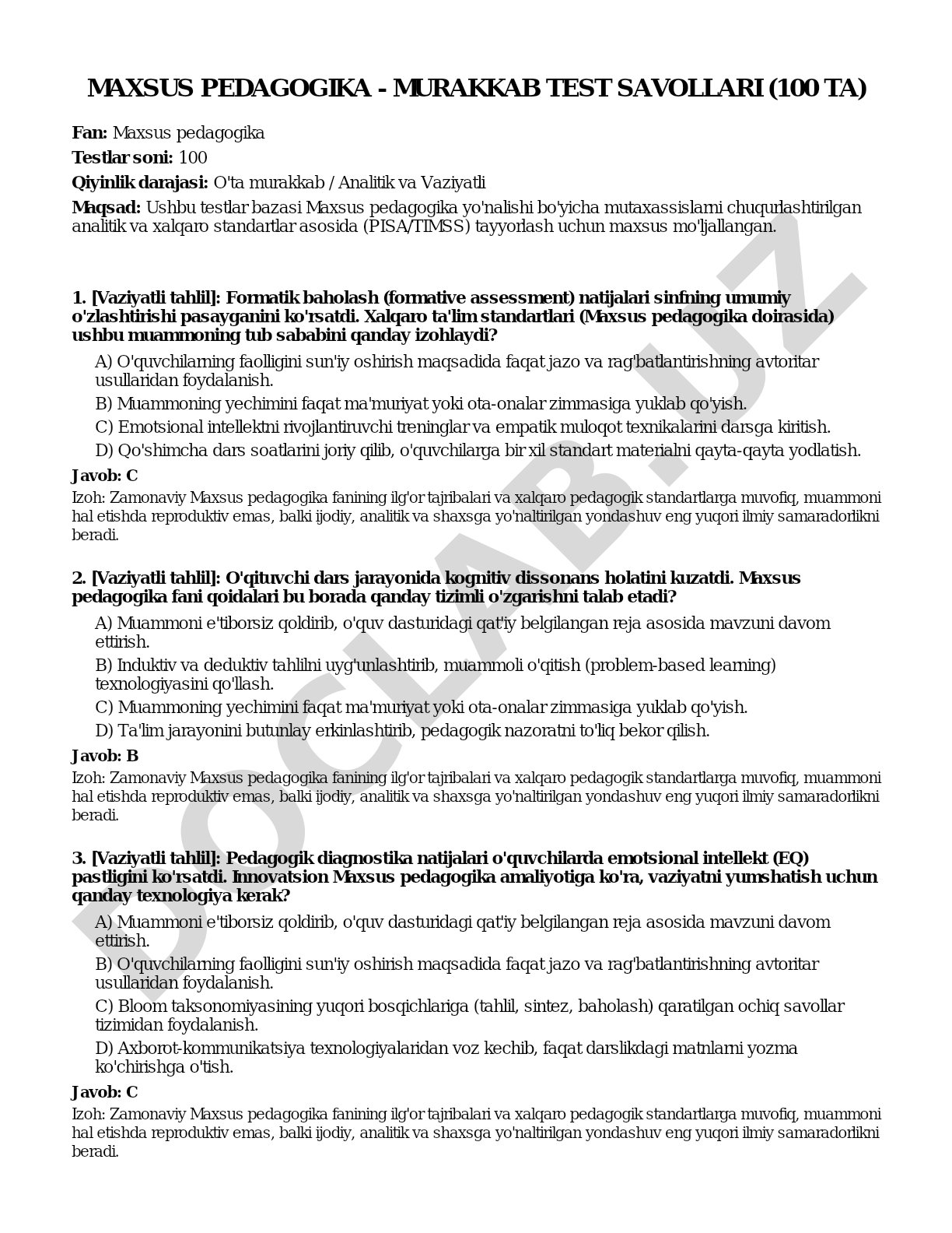Maxsus pedagogika - murakkab test savollari (100 ta)