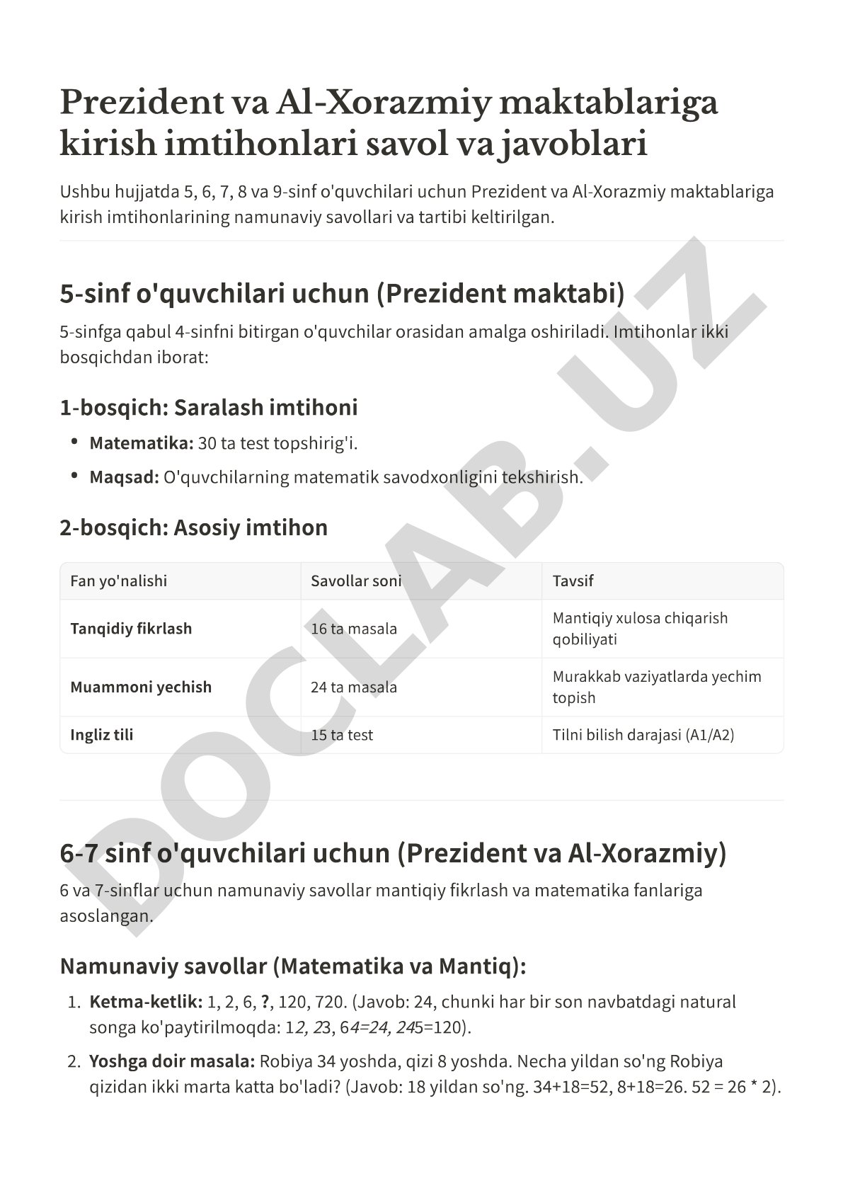 Imtihonlar ikki bosqichdan iborat: 1-bosqich: Saralash imtihoni • Matematika: 30 ta test topshirig'i