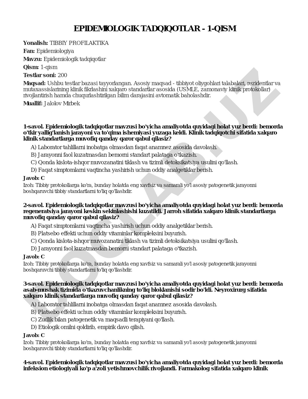 Epidemiologik tadqiqotlar bo'yicha 200 ta test savollari, tibbiyot talabalari uchun